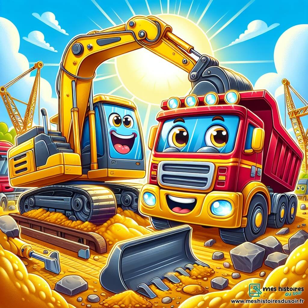 Une pelleteuse jaune vif, avec des yeux expressifs sur son pare-brise et une grande pelle en métal, se tient au centre de la scène, affichant une expression joyeuse. Elle remplit une benne de camion avec du sable, ses bras mécaniques en mouvement. À côté, un camion-benne rouge, robuste, montre une expression de contentement et attend patiemment que la pelleteuse termine. Le décor est un chantier animé avec des tas de sable, des gravats et des engins de construction colorés. Le ciel est bleu avec des nuages blancs, et le soleil brille. La pelleteuse et le camion-benne illustrent la tolérance et la collaboration, chacun reconnaissant l'importance de l'autre.
