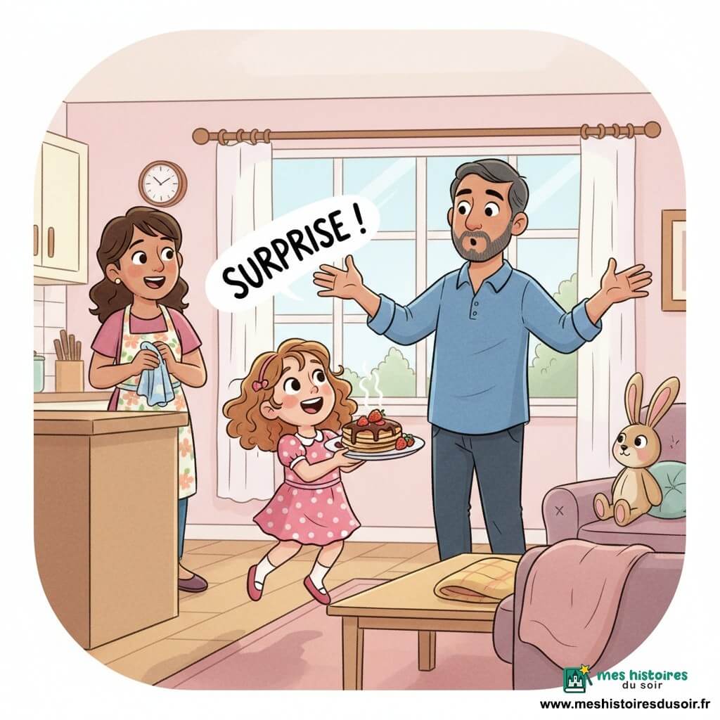 Lily, 4 ans, souriante et excitée, cheveux bouclés châtain clair, en robe rose à pois blancs, saute en criant « Surprise ! » en tenant un plateau de pancakes fumants; le papa, quarantaine, barbe douce et chemise bleue, debout devant la table, ouvre les bras, surpris et ému; la maman, trentaine, cheveux bruns attachés et tablier à fleurs, rit doucement près du plan de travail, un linge à la main; un lapin en peluche nommé Biscuit, beige aux grandes oreilles roses, est posé sur le canapé; lieu : salon-cuisine lumineux d’une petite maison rose aux murs crème, grande fenêtre aux rideaux blancs, table en bois clair garnie de pancakes au chocolat et fraises, couverture posée comme cachette; situation : surprise du petit-déjeuner de la fête des pères au matin, lumière douce, expressions chaleureuses, composition centrée sur le geste d’offrir et l’émotion partagée.