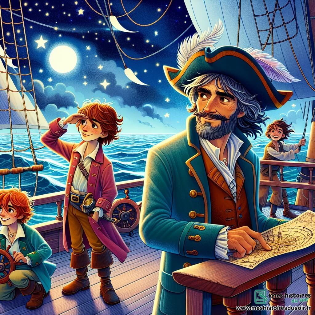 Le capitaine Armand Delâge, un homme d'une quarantaine d'années, se tient sur le pont du Corbeau d'Argent, avec un visage buriné et des yeux déterminés. À ses côtés, Miette, la cartographe de 25 ans, scrute la carte céleste, tandis que Théo, un matelot de 20 ans, ajuste les cordages en riant. Le pont en bois du navire est décoré de voiles grises sous un ciel étoilé, et la mer scintille. Ils naviguent vers l'île d'Aurore pour protéger une carte céleste révélant des chemins secrets, se préparant à une tempête imminente.