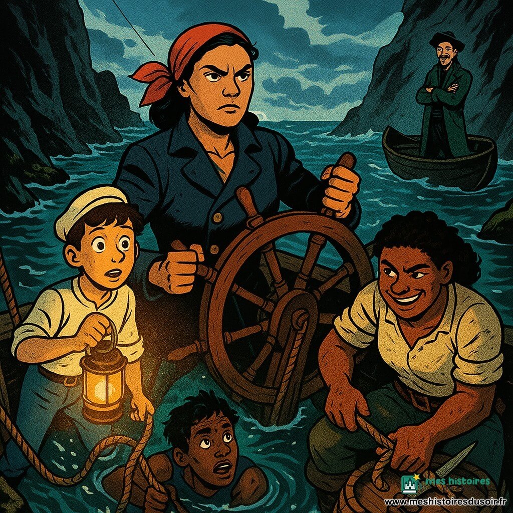 Capitaine Maëlys Rive-Noire, femme déterminée au foulard rouge, sourcils froncés, mains fermes sur la barre, debout à la proue ; Tom “Biscuit”, garçon d’environ 12 ans, étonné et courageux, tenant une lampe à huile près du bastingage gauche ; Lila la charpentière, femme robuste d’environ 30 ans, accroupie près d’un tonneau en train de couper une corde ; Nilo, plongeur d’environ 35 ans, cheveux mouillés, lançant une corde depuis l’eau à l’arrière gauche ; Capitaine Sargasse, homme sournois en manteau vert, dans une barque à quelques mètres, bras croisés et sourire en coin. Lieu : une crique rocheuse étroite entourée de falaises sombres, eau turquoise mêlée d’écume, rochers couverts d’algues, ciel orageux avec lumière dramatique. Situation : moment dramatique où le navire glisse entre deux pointes, un coffre ancien attaché à des tonneaux flotte près du bord, un petit tourbillon se forme au centre, cordages tendus et éclaboussures, ambiance d’action, tension et courage, couleurs saturées et contrastes marqués, cadrage légèrement en plongée.