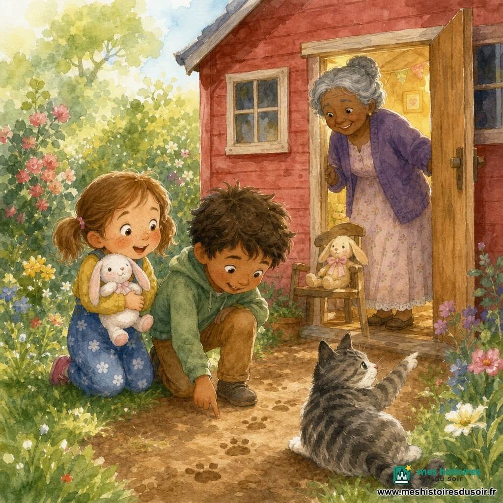 Une fillette de 4 ans, radieuse, taches de rousseur et couettes, serre une peluche lapin blanche et rose; un garçon de 5 ans, protecteur, genou à terre et cheveux bruns en bataille, suit des petites empreintes; le chat rayé Moustache, allongé et attentif, montre la cabane de jardin où Madame Dubois, femme âgée aux cheveux gris en chignon, ouvre la porte en bois; scène dans un jardin lumineux (terre brune, herbe verte, buissons fleuris) avec une cabane rouge à petite fenêtre à carreaux; les enfants découvrent la peluche posée sur une chaise parmi d'autres jouets, sous une lumière douce, éprouvant joie et soulagement.