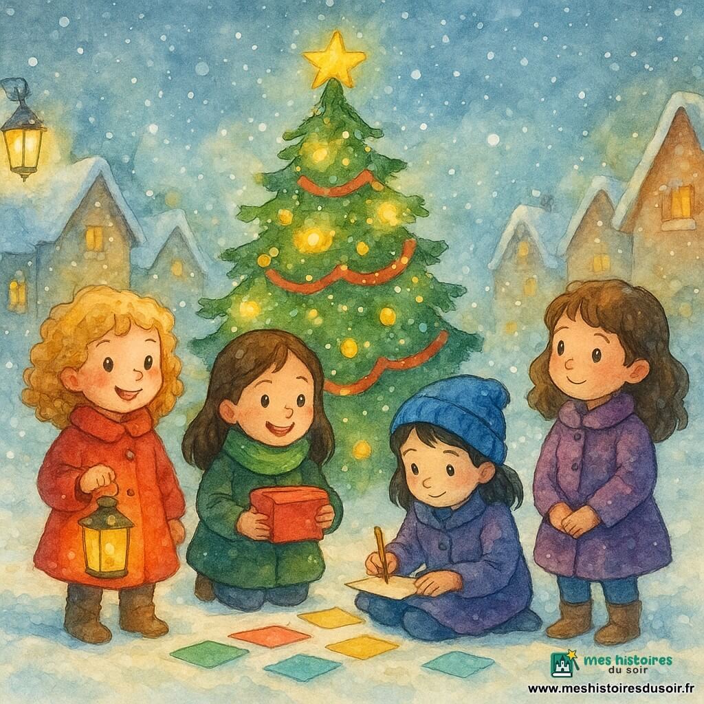 Quatre enfants se tiennent ensemble sur la place centrale du village, entourées de maisons enneigées. Le sol est couvert de neige blanche scintillante sous les lanternes suspendues. Au centre, un grand sapin de Noël décoré se dresse majestueusement. Les enfants déposent des souhaits écrits au pied du sapin. Les flocons de neige tombent doucement, créant une atmosphère magique. Les lanternes projettent une lueur dorée sur leurs visages joyeux.