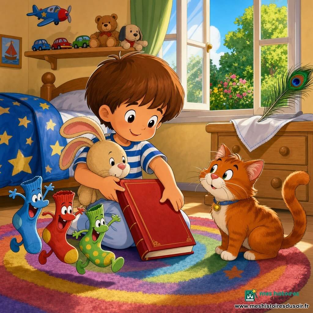 Tom, garçon de 4 ans, heureux et fier, cheveux châtains en coupe boule, t-shirt rayé bleu et blanc et pyjama léger, sourit en fermant un grand carnet à couverture rouge qu'il tient contre sa poitrine en serrant son doudou Lapin beige aux longues oreilles roses; Lapin est calé contre le carnet, rassuré et doux. À côté, la chatte rousse Biscotte, assise sur le tapis, regarde Tom, ronronnante et curieuse. Trois chaussettes rigolotes (bleue, rouge, verte à pois) forment une petite pile animée près du lit, comme prêtes à sauter dans le carnet. Une plume de paon vert-bleu irisé repose dans un mouchoir blanc sur la commode et scintille doucement. La chambre d’enfant, baignée de lumière du matin, offre un lit en bois clair avec couette à étoiles, tapis coloré, étagère de jouets et fenêtre ouverte sur un jardin vert; l’ambiance est douce, aventureuse, aux couleurs vives, contours arrondis et expressions chaleureuses.