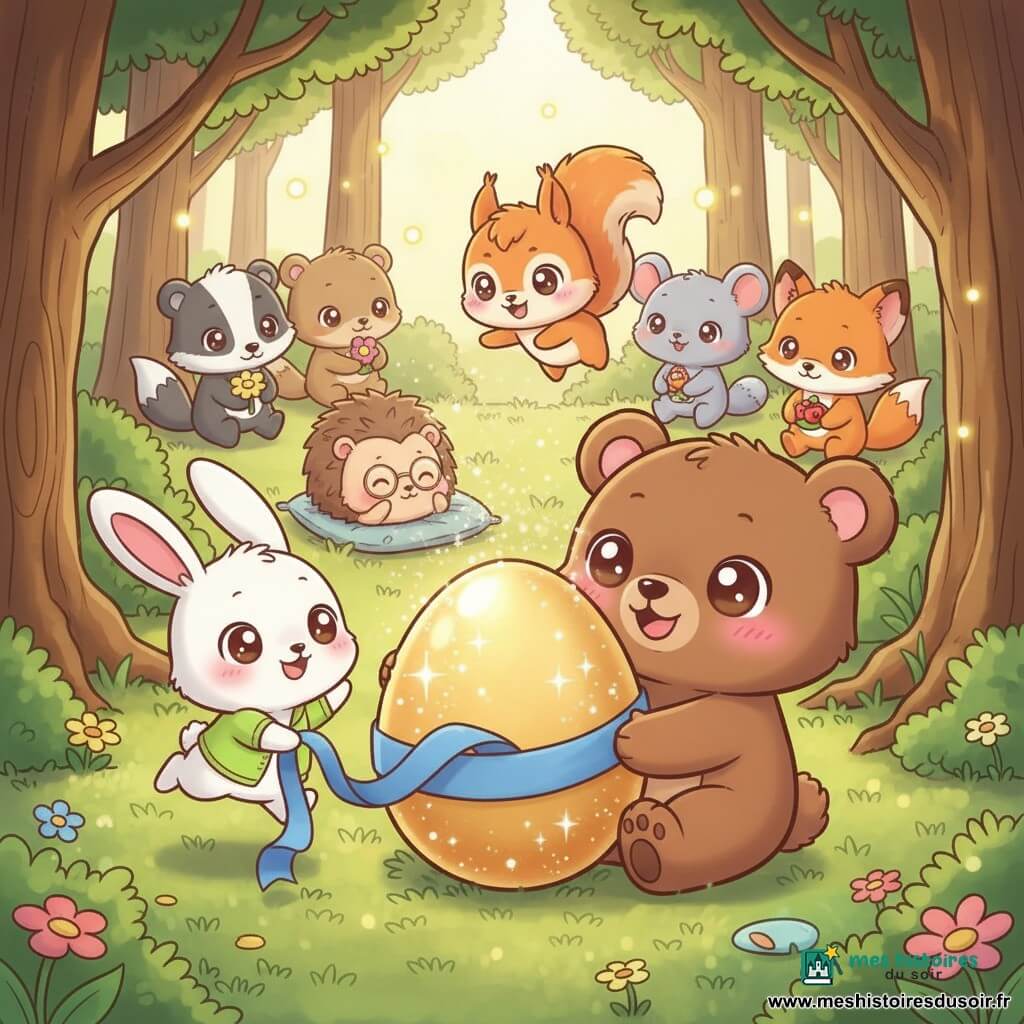 Barnabé, un ours brun chibi au pelage doux, yeux ronds et sourire tendre, est assis au centre, entourant un grand œuf doré orné d’un ruban bleu qui commence à s’illuminer; Lila la lapine blanche au gilet vert pomme saute joyeuse à gauche, Gustave le hérisson chibi aux lunettes repose sur un coussin de feuilles à l’arrière, Zora l’écureuil rousse virevolte au-dessus, et Léon le blaireau, Mimi la souris et Igor le renard forment un demi-cercle en arrière-plan, chacun tenant un petit trésor; clairière ensoleillée bordée de chênes, mousse verte, lucioles et fleurs sauvages, pluie de poussière dorée scintillante, ambiance chaleureuse et festive de Pâques; style pastel vif, contours doux, proportions chibi, textures pelucheuses et reflets sur la coquille.