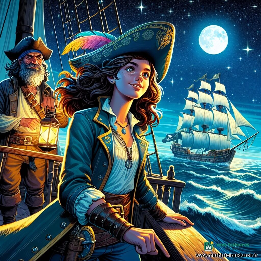 Navia, une jeune femme pirate d'environ 18 ans, se tient fièrement à la proue du grand navire Vent de Liberté. Elle a de longs cheveux bruns, des yeux déterminés et un sourire audacieux. Vêtue d'un chapeau de pirate orné de plumes et d'un manteau en cuir usé, elle tient une carte au trésor dans une main et pointe l'horizon de l'autre. À ses côtés, Barbe-Grise, un homme d'environ 60 ans avec une longue barbe grise, regarde le ciel étoilé, amusé. Il porte une chemise en toile et un gilet en cuir, tenant une lanterne qui éclaire le visage de Navia. Le navire tangue doucement sur un vaste océan sous un ciel nocturne étoilé, créant une ambiance d'aventure. Navia, enthousiaste et curieuse, est prête à déchiffrer les mystères du journal de trésorier, tandis que Barbe-Grise l'encourage, impatients de découvrir les trésors cachés.