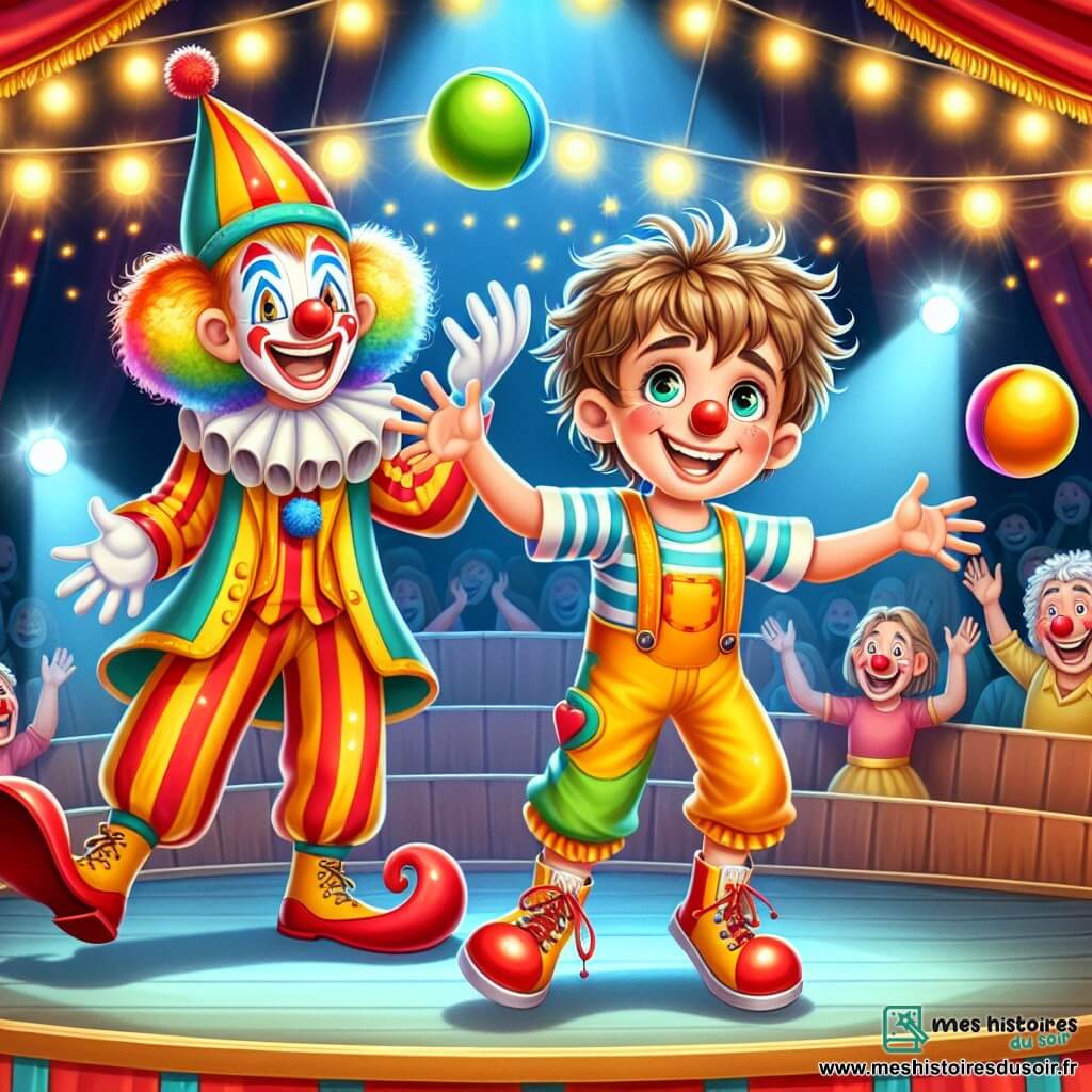 Illustration d'un garçon de 11 ans avec des cheveux bruns en bataille et des yeux curieux, portant un costume de clown coloré, jonglant joyeusement avec des balles multicolores. À ses côtés, un clown d'environ 30 ans, au visage peint en blanc et aux cheveux multicolores, rit en l'encourageant. Une acrobate gracieuse de 25 ans effectue une pirouette, ses longs cheveux blonds flottant. Le décor est un chapiteau de cirque aux couleurs vives avec des spectateurs applaudissant. Le garçon jongle dans une ambiance festive, entouré de rires et de confettis.
