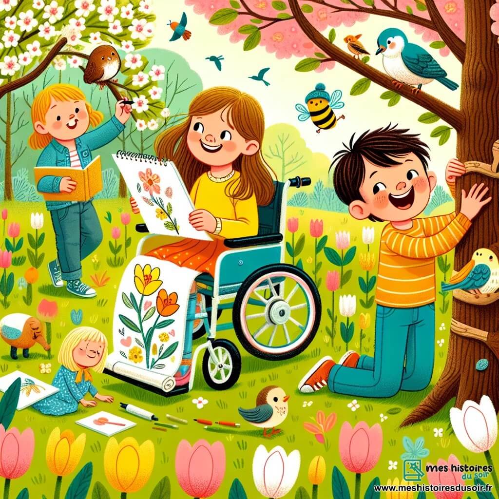 Dans un parc au printemps, quatre enfants jouent ensemble. Céline, 8 ans, est dans un fauteuil roulant coloré, souriante avec un carnet de dessin. Max, 7 ans, debout à côté d'elle, dessine une abeille. Léo, 9 ans, observe des oiseaux derrière un arbre, émerveillé. Juliette, 8 ans, accroupie près des fleurs, ramasse une petite fleur pour Céline. Le parc est rempli de tulipes colorées, les oiseaux chantent et le ciel est bleu avec quelques nuages. Les enfants jouent à cache-cache, riant sous le soleil.