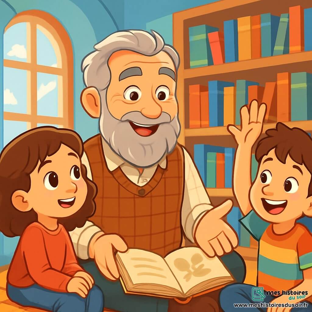 Monsieur Lucas, un homme âgé à la barbe grise et aux yeux bienveillants, se tient au centre de la scène, souriant et racontant une histoire aux enfants. À sa droite, Clara, une petite fille de 8 ans aux cheveux bouclés, l'écoute attentivement, tandis qu'à sa gauche, Max, un garçon de 9 ans aux cheveux en bataille, lève la main avec enthousiasme. La scène se déroule dans une bibliothèque enchantée aux murs bleus et aux étagères remplies de livres colorés, baignée de lumière. Monsieur Lucas partage des histoires de paix et d'amitié, créant une atmosphère magique et inspirante.