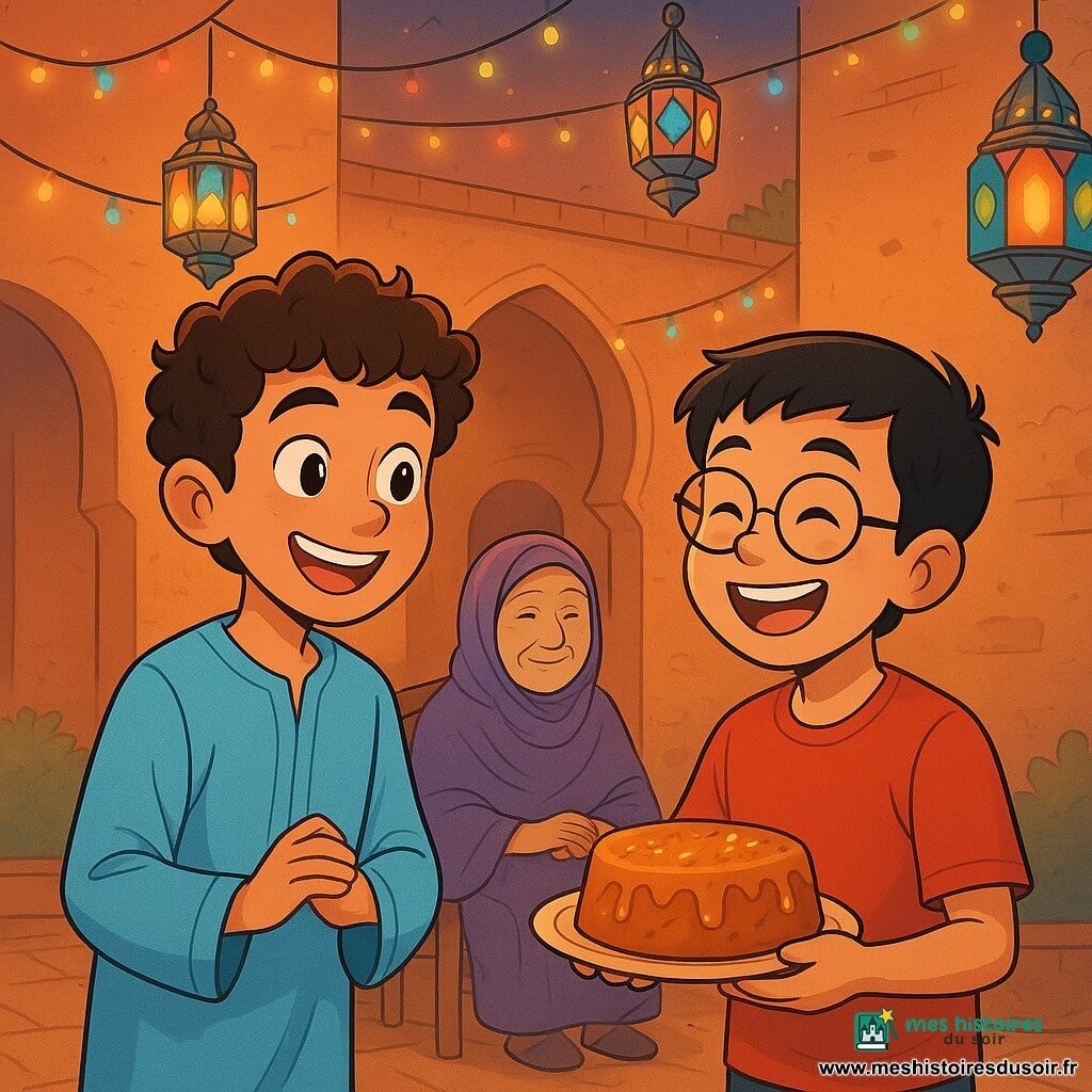 Un garçon de 12 ans, Yanis, aux cheveux bruns et bouclés, se tient au centre de la scène, portant une djellaba bleue et affichant un sourire d'excitation. À ses côtés, son meilleur ami Sofiane, également âgé de 12 ans, avec des cheveux noirs et des lunettes rondes, rit en tenant un gâteau au miel. En arrière-plan, Mamie Zineb, une femme âgée aux cheveux argentés, les observe avec tendresse, assise sur un vieux fauteuil. La scène se déroule dans une cour animée de la mosquée, décorée de lanternes colorées et de guirlandes lumineuses, créant une atmosphère festive. Yanis et Sofiane préparent la cérémonie des lanternes, impatients d’allumer la première, tandis que Mamie Zineb les encourage. L'air est rempli d'excitation et d'odeurs sucrées, sous la lumière dorée du crépuscule.