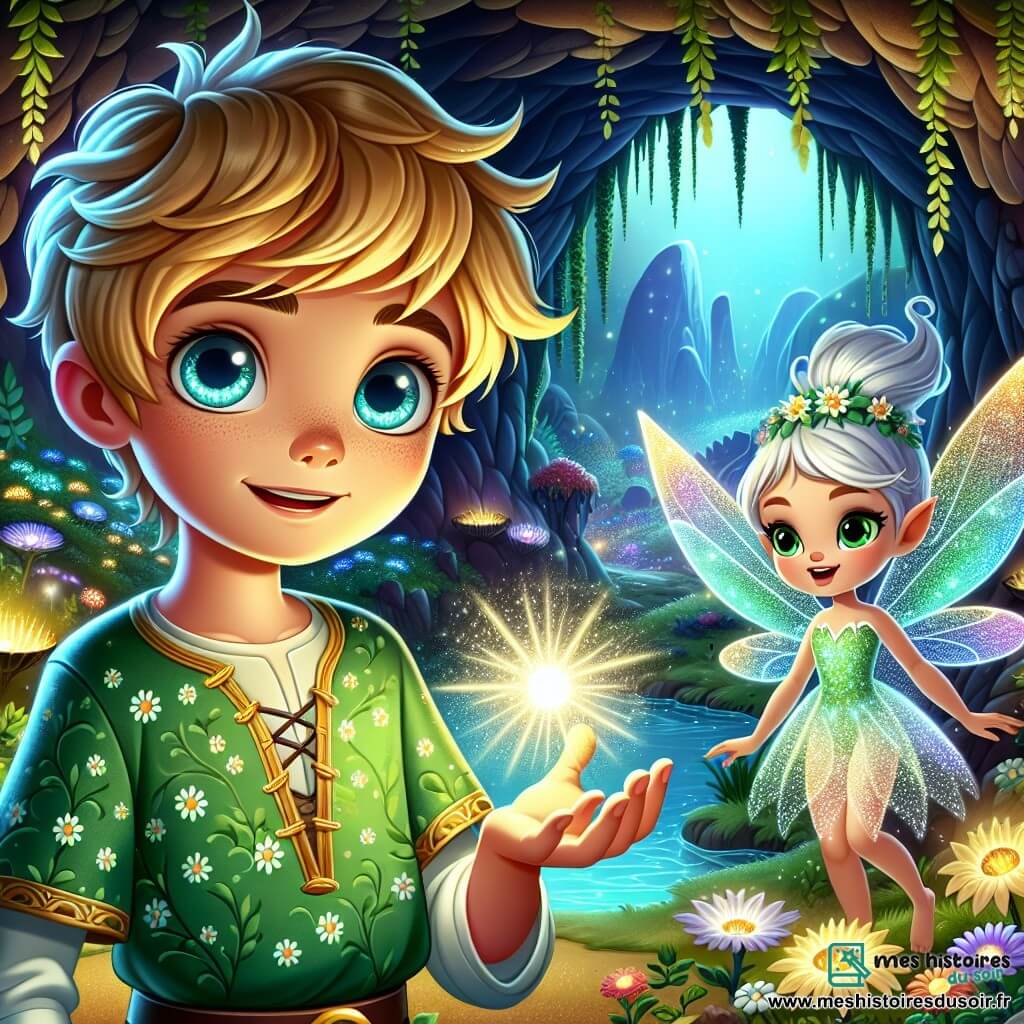 Au centre de l'image, Ewen, un jeune garçon d'environ 12 ans, a un regard émerveillé. Ses cheveux dorés brillent et ses yeux bleu clair sont pleins de curiosité. Il porte une tunique verte avec des motifs floraux et tient une petite lumière scintillante qui illumine son visage. À ses côtés, Lila, une petite fée aux ailes translucides, vole joyeusement. Elle a des cheveux argentés et une robe en pétales de fleurs, souriant à Ewen pour l'encourager. En arrière-plan, une grotte sombre est entourée de rochers scintillants et de lianes verdoyantes. À l'extérieur, un paysage enchanteur se dévoile avec des arbres aux feuilles dorées, un lac étincelant et des fleurs colorées. Ewen, avec sa lumière, est prêt à aider les ombres perdues à retrouver leur éclat, symbolisant courage et magie.