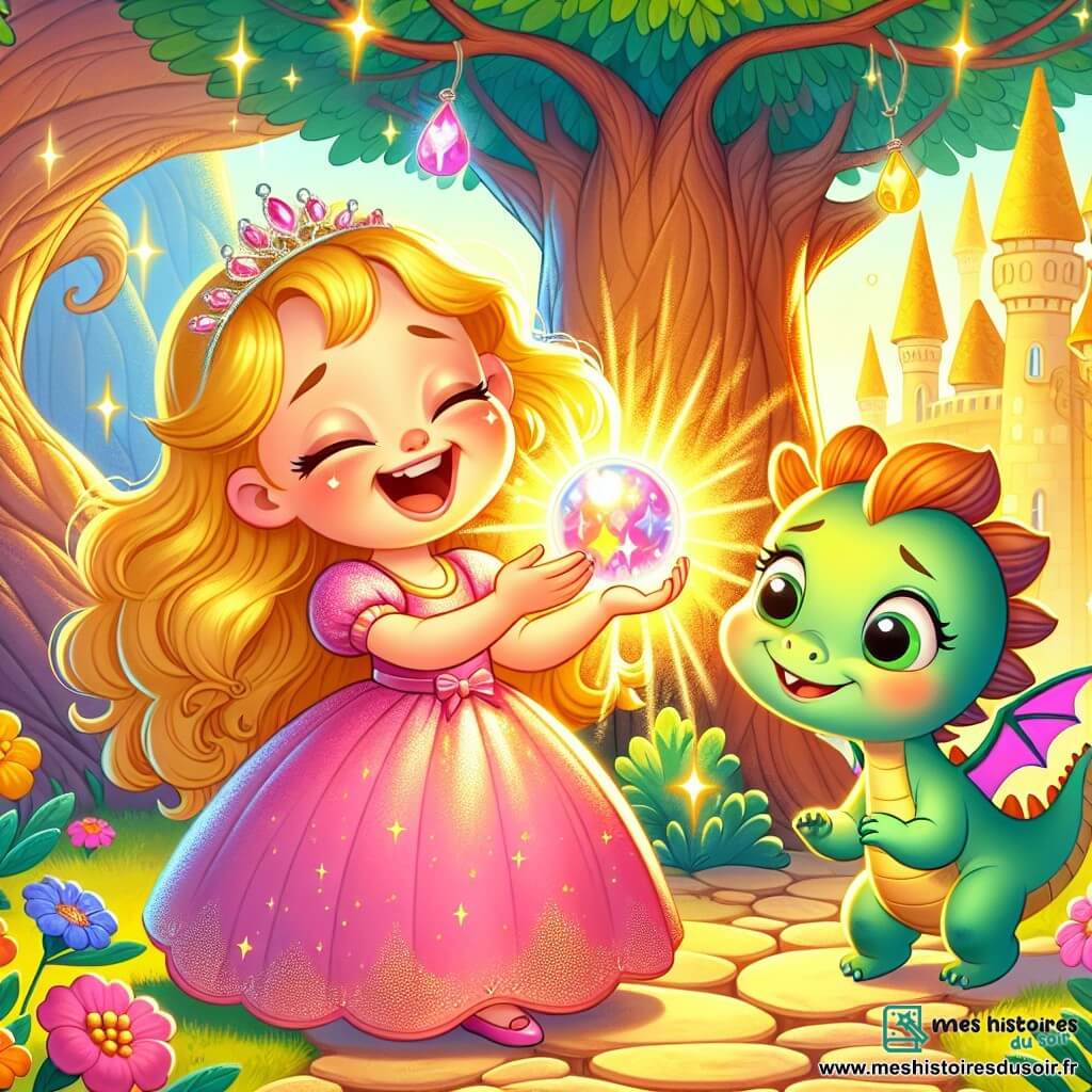 Une petite princesse d'environ 6 ans, avec de longs cheveux dorés et une robe rose scintillante, sourit en tenant une perle magique dans sa main. À côté d'elle, un petit dragon aux écailles vertes, d'environ 3 ans, la regarde avec affection. Ils se trouvent dans un jardin secret rempli de fleurs colorées et d'un chemin de pierres scintillantes menant à un palais doré. La lumière du soleil crée des ombres dansantes sur le sol. La princesse et le dragon rient ensemble, partageant un moment de complicité, tandis que la perle magique illumine leur visage d'une douce lumière.
