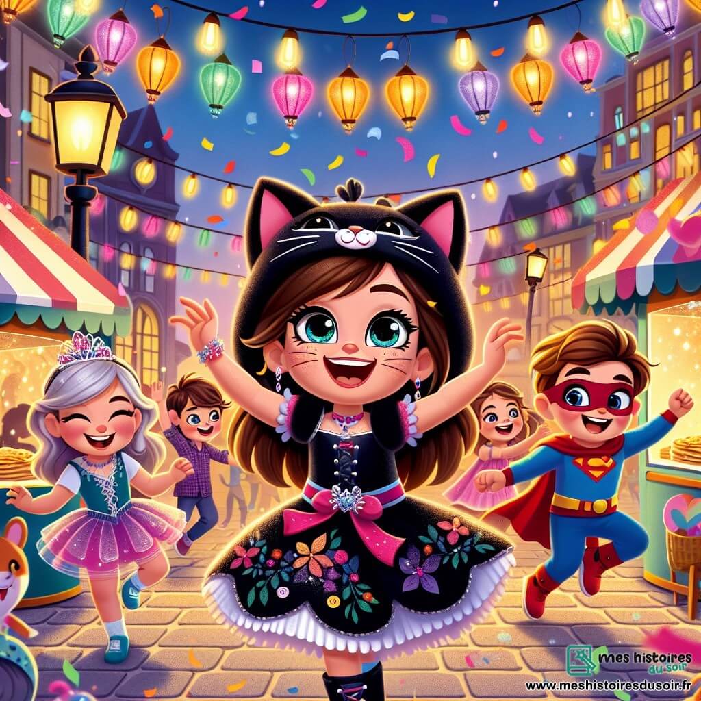 Une petite fille de 8 ans, Lou, se tient au centre de la scène, joyeuse. Elle a de longs cheveux bruns, des yeux pétillants et porte un costume de chat noir. Elle sourit, levant les bras, entourée de confettis colorés. À sa droite, Tom, déguisé en super-héros avec une cape rouge, exécute une pirouette. À sa gauche, une petite fille en costume de fée saute de joie, émerveillée. Le décor est une place centrale animée de la ville de Joyeuse, avec des lampions colorés, des stands de crêpes et des jeux forains. Lou organise un défilé de mode improvisé, créant une atmosphère festive et magique.
