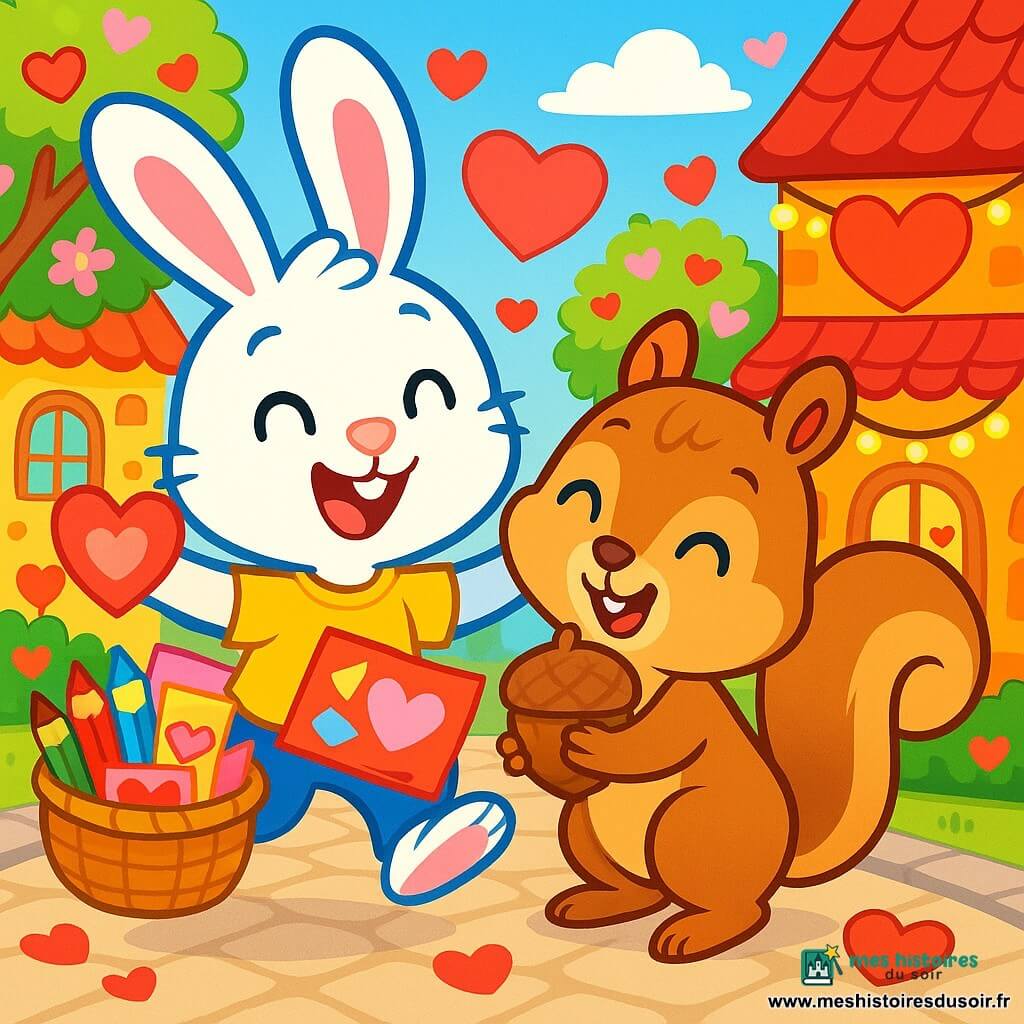 Timmy le lapin, un petit lapin aux grandes oreilles et à la fourrure blanche, saute joyeusement avec un sourire. Il tient un panier rempli de crayons de couleurs et de papiers brillants pour créer des cartes de Saint-Valentin. À côté de lui, Mademoiselle Écureuil, une petite écureuil aux yeux pétillants et à la fourrure châtain, sourit en tenant une noisette en chocolat et lui fait un câlin chaleureux. Le décor est celui d'un village d'animaux avec des rues pavées ornées de cœurs, des boutiques colorées illuminées de guirlandes scintillantes et des arbres en fleurs. La scène montre Timmy et Mademoiselle Écureuil échangeant des cartes de Saint-Valentin dans une ambiance joyeuse et colorée.