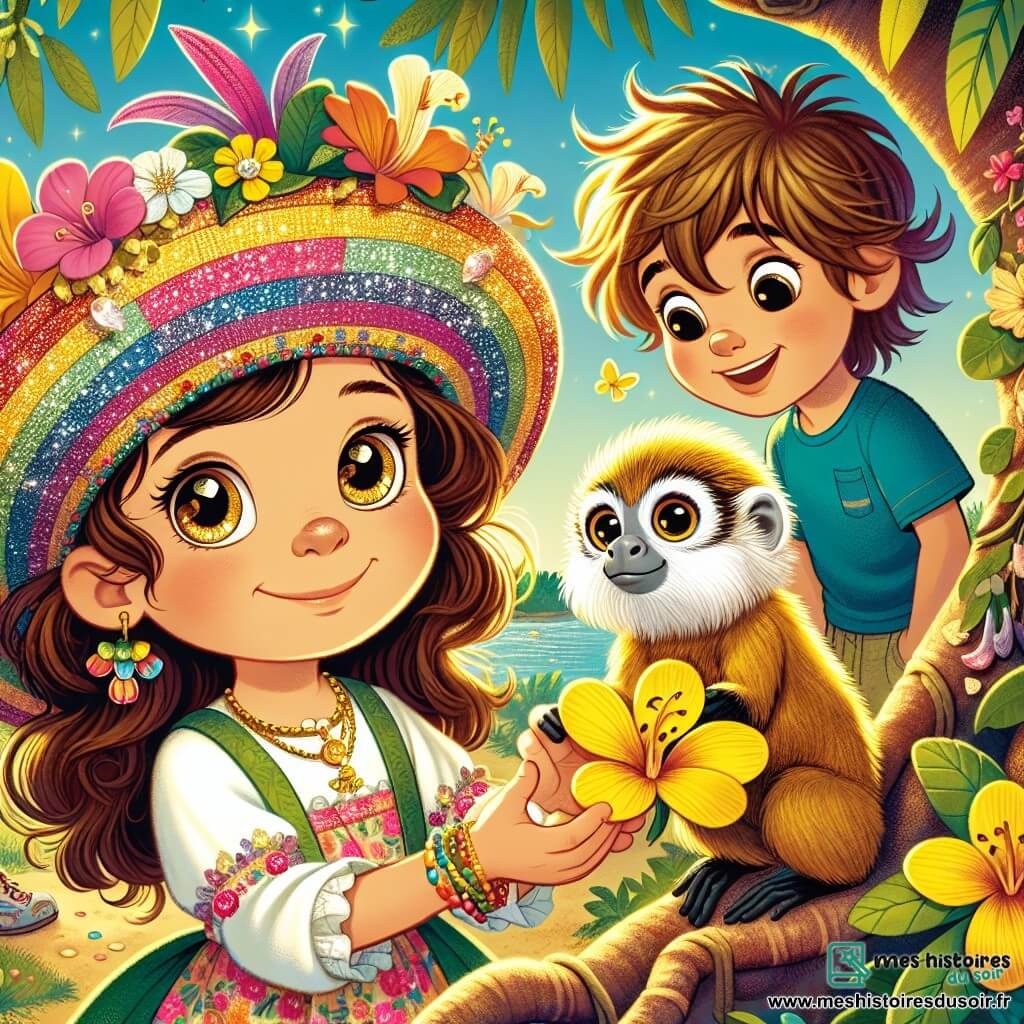 Lina, une petite fille de 4 ans aux grands yeux pétillants et aux cheveux bruns bouclés, sourit en tenant une fleur jaune. Elle porte un chapeau coloré et une robe à fleurs. À ses côtés, Léo, un garçon de 5 ans aux cheveux blonds en bataille et en t-shirt bleu, rit en montrant un caillou brillant. Ils se trouvent dans un jardin luxuriant à Rio de Janeiro, rempli de fleurs, d'oiseaux colorés et d'arbres majestueux. Un petit tamarin-lion doré, aux poils brillants et aux yeux malicieux, les invite à le suivre vers un grand arbre. Lina et Léo sont émerveillés par la beauté de la nature.
