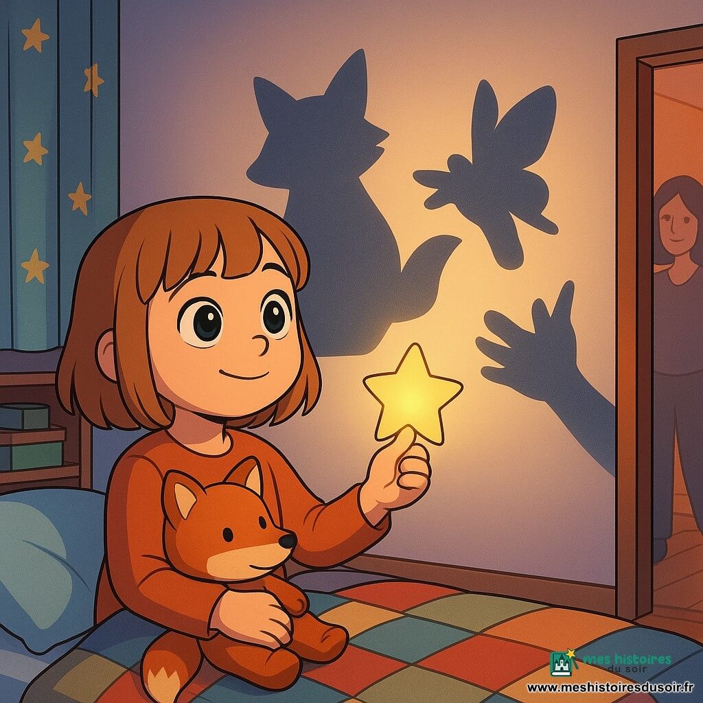 Fille de 10 ans au visage rond et cheveux châtain clair coupés au carré, yeux grands et brillants, expression courageuse et émerveillée, tenant une petite lampe en forme d’étoile qui projette sur le mur des ombres ludiques (un grand renard, un papillon et un chien formés par ses mains) ; la peluche renard Rémi est serrée contre elle sur le lit ; la maman d’environ 35 ans apparaît floutée et souriante dans l’encadrement de la porte ; chambre cosy et colorée (murs pastel, rideaux à étoiles, couverture patchwork, étagère avec livres, parquet chaud) ; ambiance douce et rassurante, contrastes de lumière jaune et ombres bleutées, textures visibles ; composition centrée sur la fille assise, Rémi à sa droite et la porte en arrière-plan.