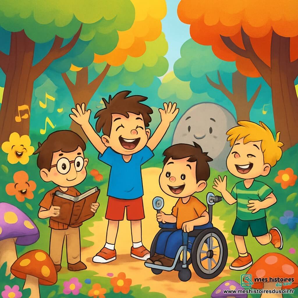 Quatre enfants sont présents : Max, un garçon de 10 ans avec des cheveux en désordre et un grand sourire, portant un t-shirt bleu et un short rouge, se tient au centre, les bras levés. Léo, également âgé de 10 ans, a des lunettes rondes et des cheveux bruns, vêtu d'une chemise à carreaux et d'un pantalon beige, se tient légèrement à gauche avec un vieux livre de légendes. Tom, avec des cheveux blonds et un air espiègle, porte un t-shirt vert rayé et des shorts, à droite, riant et dansant. Jules, en fauteuil roulant, est à droite de Max, souriant malicieusement avec un bonbon à la menthe. La scène se déroule dans la forêt de Merveilles, où des arbres aux feuilles multicolores murmurent des blagues et des fleurs dansent. Les quatre amis rient ensemble, entourés de champignons chantants, prêts à raconter une blague à un gros rocher qui bloque leur chemin, illustrant l'esprit d'aventure et d'amitié.