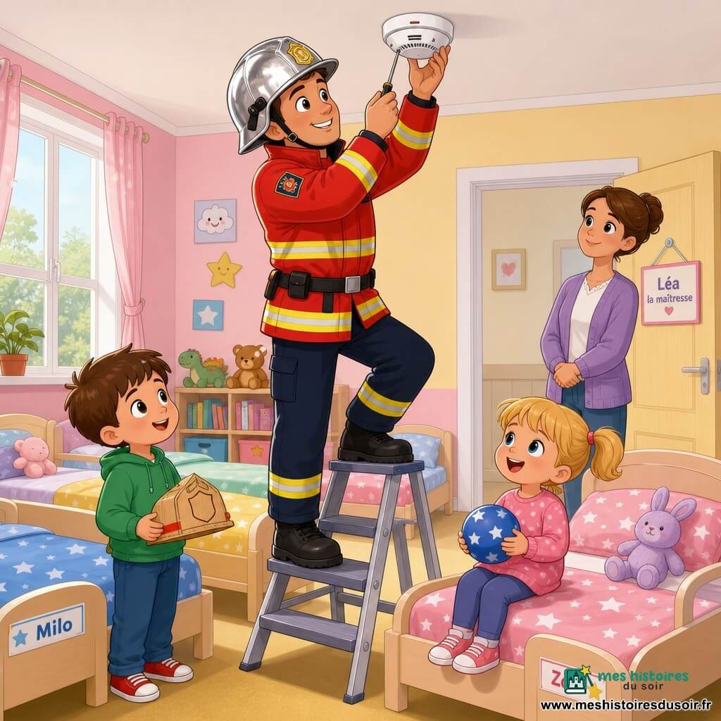 Un pompier souriant en veste rouge, bottes noires et casque métallique, sur un escabeau, visse un détecteur d'incendie blanc au plafond. Milo, environ 4 ans, cheveux bruns courts, tient un petit casque en carton et regarde le détecteur près d'un lit. Zoé, environ 4 ans, cheveux blonds en couettes, assise au bord d'un autre lit, sourit et tient une balle bleue. Léa, la maîtresse aux cheveux châtains attachés, se tient près de la porte, attentive, les mains croisées. Le dortoir lumineux aux murs pastel, lits alignés avec peluches et couvertures à étoiles, grande fenêtre laissant entrer la lumière du matin. Atmosphère chaleureuse et rassurante, le pompier explique doucement pendant l'installation.