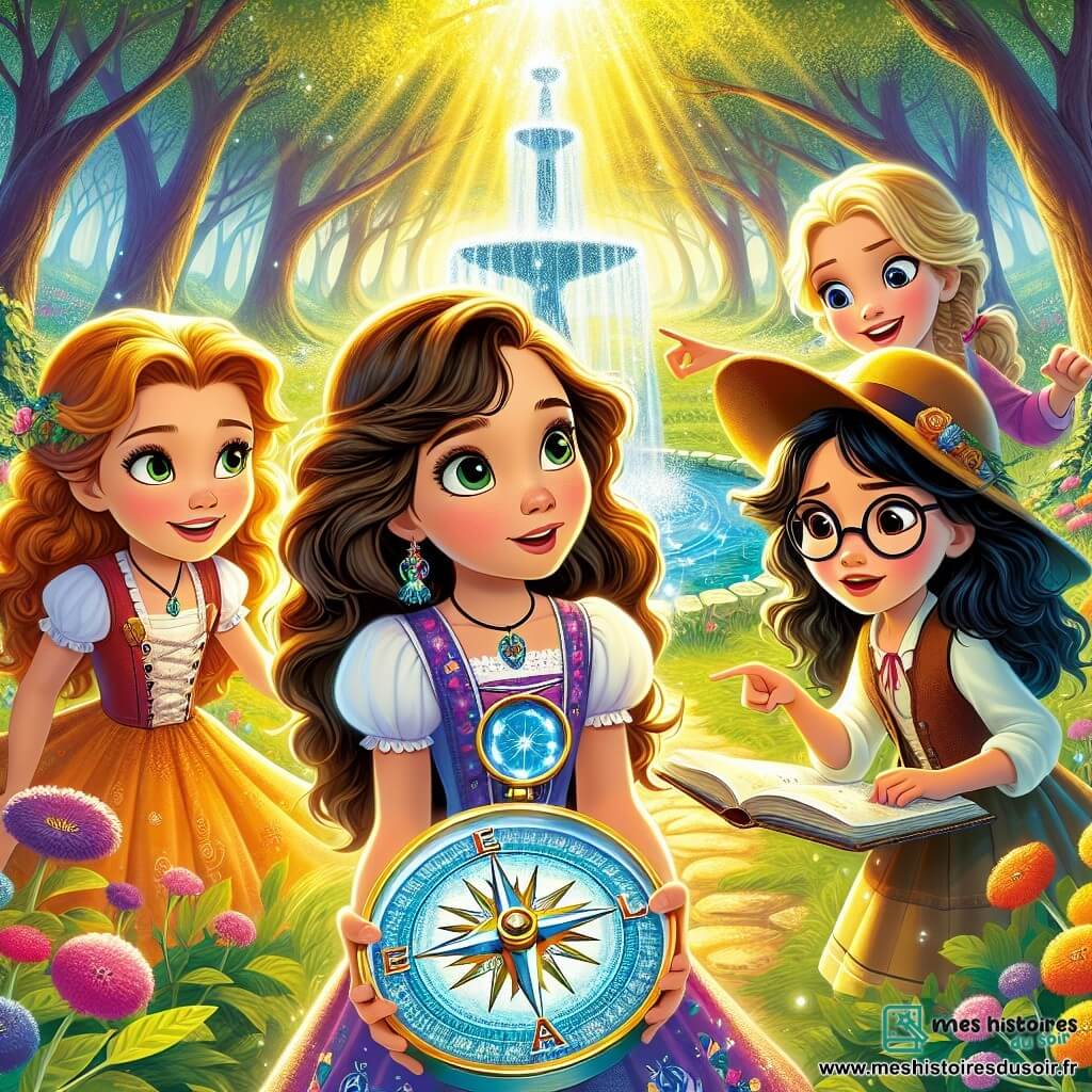 Quatre jeunes filles, Lila, Emma, Zoé et Clara, se tiennent dans une clairière magique. Lila, 10 ans, a de longs cheveux bruns et une robe colorée, tenant une boussole scintillante. Emma, 10 ans, avec des cheveux blonds bouclés, admire les lieux. Zoé, 9 ans, en chapeau d'exploratrice, montre une fontaine d'eau cristalline. Clara, 11 ans, aux cheveux noirs et lunettes, examine la boussole. La clairière est illuminée par une lumière dorée, entourée d'arbres majestueux et d'une fontaine étincelante, décorée de fleurs colorées. Les filles, excitées, viennent de découvrir la boussole enchantée et se préparent à partir à l'aventure pour retrouver les pierres de lumière volées.