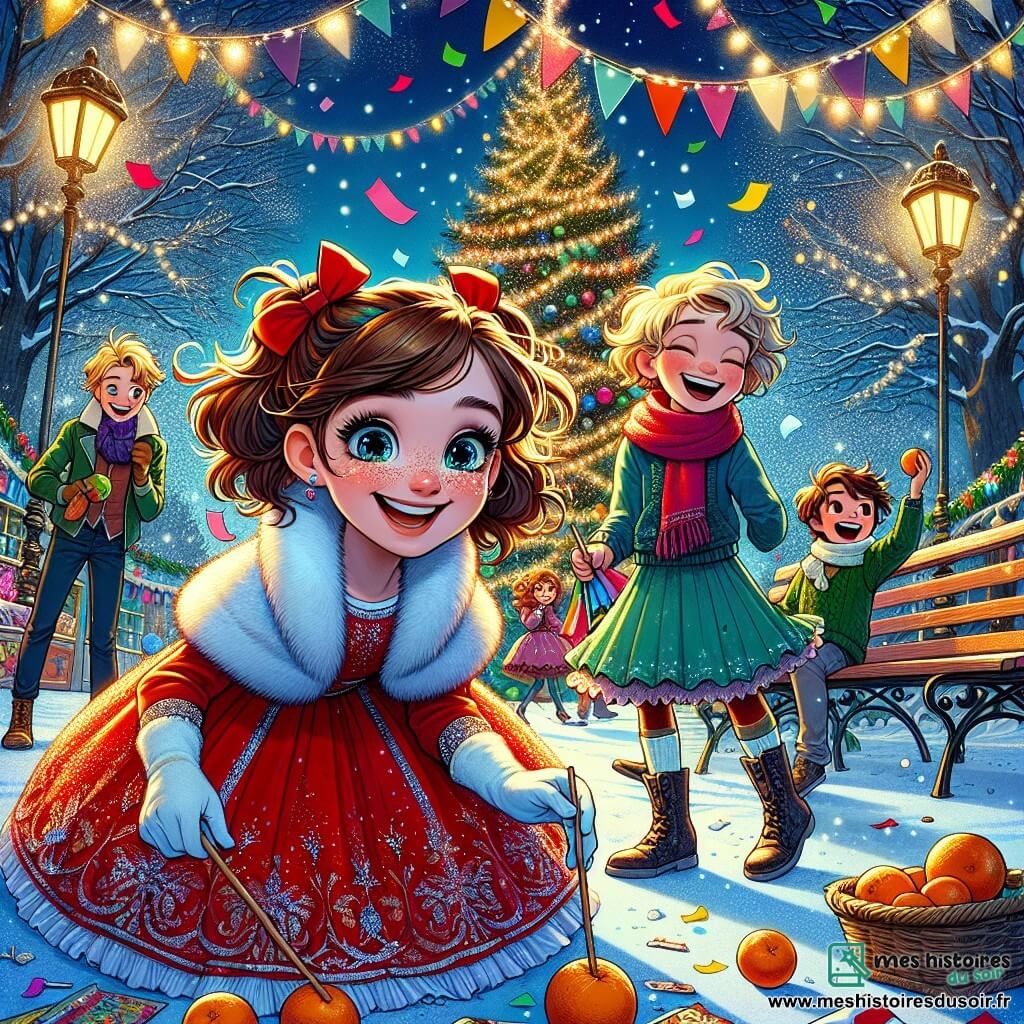 Léa, une fille de 12 ans, se tient au centre de la scène, souriante, portant une robe rouge à paillettes. À ses côtés, Max, 11 ans, rit en jonglant avec des oranges, tandis que Clara, 10 ans, cherche un indice près d'un banc. Le décor est un parc féerique avec des guirlandes lumineuses et de la neige. Ils sont en pleine chasse au trésor pour le Nouvel An, entourés d'une ambiance festive et de confettis.