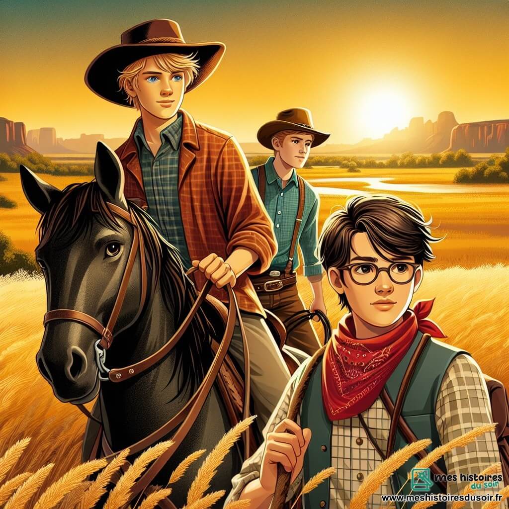 Ethan, un jeune cow-boy de quinze ans, se tient sur son cheval noir, Tornado, avec un large chapeau et un sourire déterminé. À ses côtés, Jake, également âgé de quinze ans, brandit un lasso, prêt à agir. Sam, un garçon de quatorze ans, observe la scène avec inquiétude, prêt à alerter ses amis. La scène se déroule dans une prairie dorée au coucher du soleil, avec des collines verdoyantes en arrière-plan et un feu de camp près d'autres cow-boys. Ethan et ses amis se préparent à défendre leur camp contre un groupe de hors-la-loi menaçants, l'atmosphère étant tendue mais empreinte de camaraderie et de bravoure.