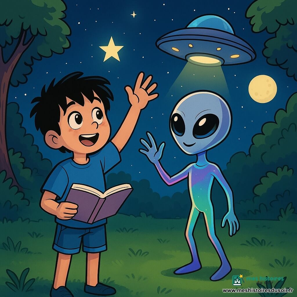 Léo, un garçon de 10 ans aux cheveux noirs en bataille et aux yeux curieux, se tient dans une clairière verdoyante, émerveillé. Il porte un t-shirt bleu et un short en jean, tenant un cahier ouvert d'une main et levant l'autre vers le ciel. À ses côtés, un extraterrestre nommé Liiin, petit et mince avec une peau argentée et de grands yeux brillants, descend d'un vaisseau spatial flottant, sa combinaison changeant de couleur. La clairière est entourée de grands arbres, éclairée par la lune, créant une ambiance magique où Léo et Liiin échangent des mots et des nombres sous un ciel étoilé.