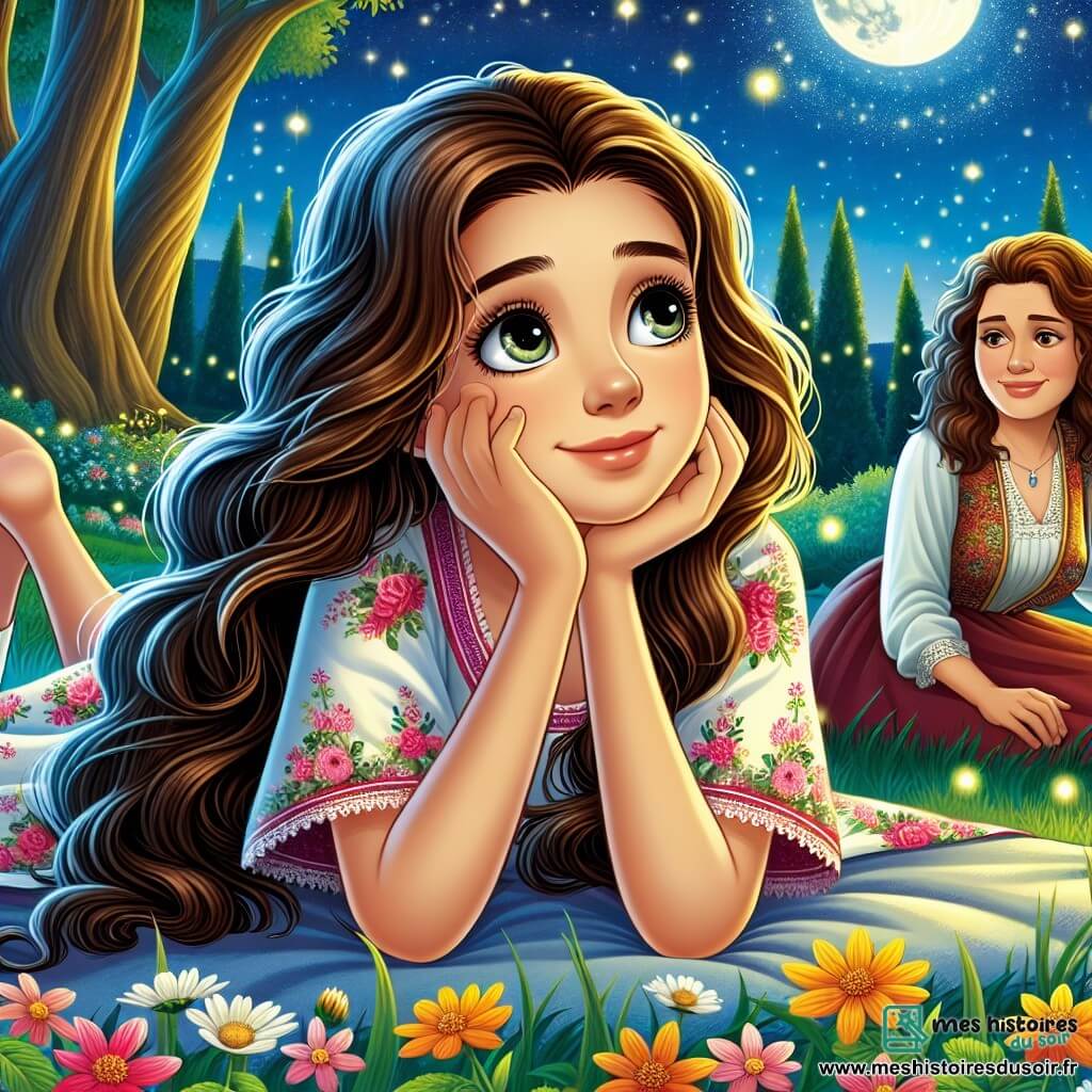 Clara, une fille de 11 ans, est allongée dans l'herbe du jardin, regardant un ciel étoilé. Elle a de longs cheveux bruns et porte une robe d'été colorée. Son visage montre une mélancolie douce et une lueur d'espoir en se remémorant sa grand-mère. À côté d'elle, sa mère, âgée d'environ 35 ans, la regarde avec tendresse, une main sur son cœur. Le jardin est rempli de fleurs illuminées par la lune, avec des arbres majestueux en arrière-plan et des lucioles scintillantes. Clara, observant les étoiles, se souvient des paroles de sa grand-mère sur l'amour éternel et la beauté de la vie, semblant triste mais sereine, prête à embrasser les souvenirs et l'avenir.
