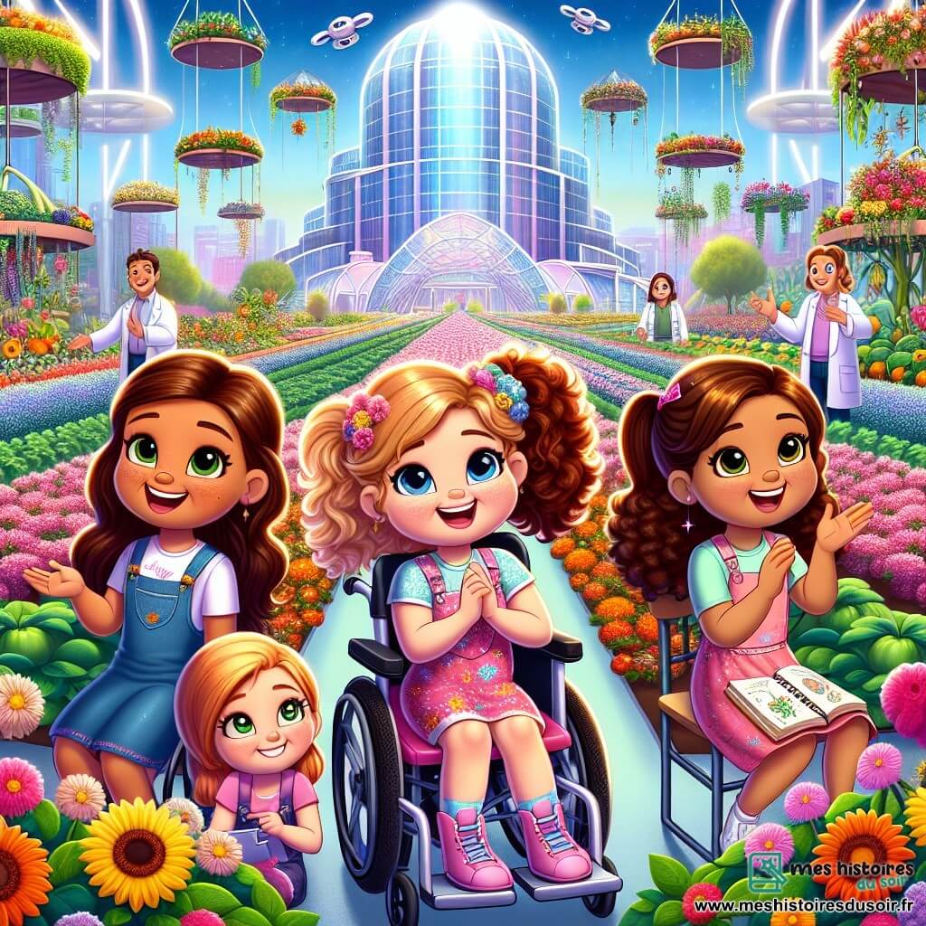 Quatre amies de huit ans se tiennent ensemble, joyeuses. Chloé, dans son fauteuil roulant décoré, sourit en montrant un jardin en fleurs. À sa droite, Mia applaudit, excitée. À gauche, Lola prend des notes, concentrée. Zoé admire un jardin de légumes géants, les bras croisés et souriante. En arrière-plan, le laboratoire de Luminopolis, avec ses murs en verre, abrite des machines futuristes et des scientifiques. Des jardins suspendus et des drones apportent des repas. Les filles découvrent le jardin créé par le robot jardinier Florabot, qui les aide à apprendre sur le jardinage. L'atmosphère est joyeuse et colorée, illustrant l'esprit d'aventure et d'amitié dans cette ville futuriste.