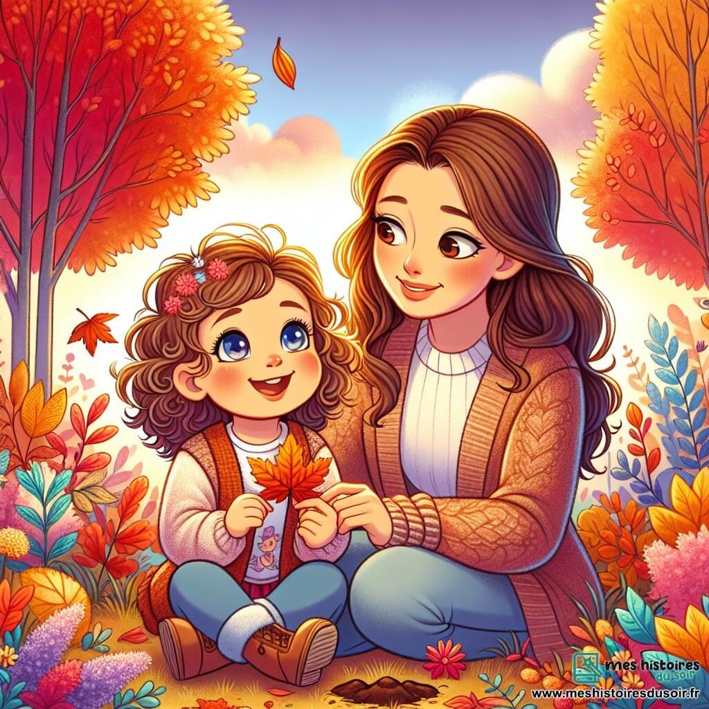 Léa, une petite fille de 2 ans aux grands yeux brillants et aux cheveux bouclés châtains, est assise dans un jardin coloré, entourée de feuilles d'automne rouge, jaune et orange. Elle sourit en tenant une feuille dans ses mains, ses joues rosies par l'excitation. À ses côtés, sa maman, une femme d'environ 30 ans aux cheveux longs et lisses, creuse un trou dans le sol avec une petite pelle, la regardant avec tendresse. Le jardin est rempli d'arbres majestueux aux feuilles flamboyantes sous un ciel légèrement nuageux, et des fleurs vives ajoutent de la magie. Elles plantent un petit arbre, symbolisant le début de l'hiver, tandis que des feuilles tombent autour d'elles, créant une ambiance chaleureuse et joyeuse.