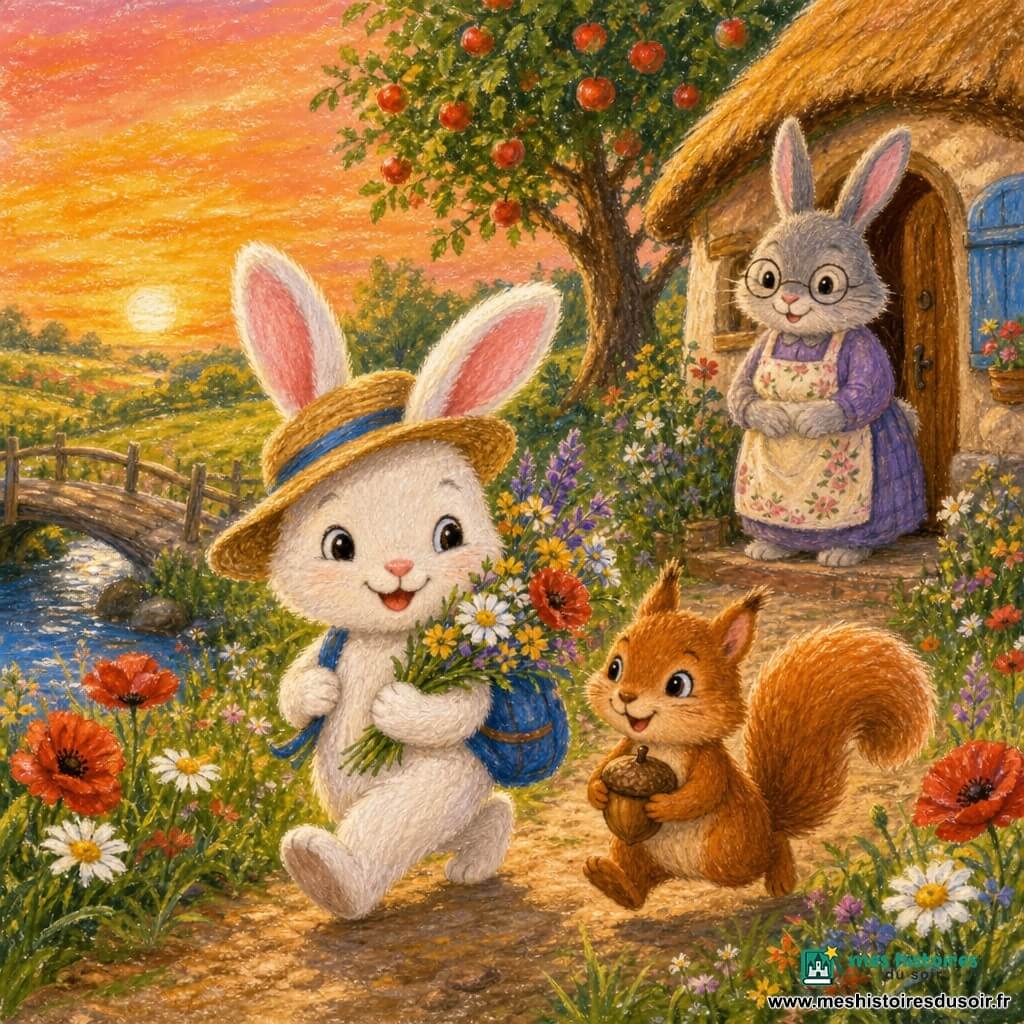 Petit Lapin blanc duveteux aux grandes oreilles roses, chapeau de paille incliné, sac à dos bleu, sourire, tenant un bouquet de fleurs sauvages; Écureuil roux à queue touffue, yeux pétillants, trottine à côté avec un gland; Mamie Lapin, grande lapine grise aux lunettes rondes et tablier à fleurs, souriante, bras ouverts sur le pas de sa maison; chemin de campagne avec petit pont sur une rivière scintillante, pré de coquelicots et pâquerettes, maison à toit de chaume et pommier, ciel de coucher de soleil orangé-rose; arrivée joyeuse chez Mamie pour les vacances d'été, ambiance chaleureuse et couleurs pastel.