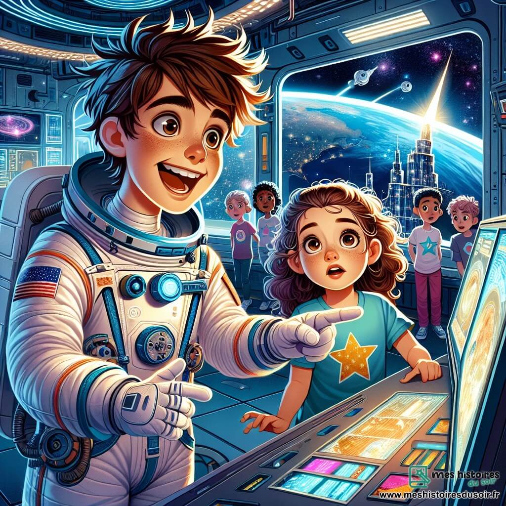 Un astronaute nommé Thomas flotte dans la station spatiale, souriant d'émerveillement. Il a des cheveux bruns en désordre et porte une combinaison spatiale blanche avec des détails colorés, entouré de panneaux de contrôle clignotants. À ses côtés, une petite fille de 12 ans, Camille, observe avec des yeux écarquillés à travers un écran, portant un t-shirt étoilé. En arrière-plan, un groupe d'enfants, tous d'environ 12 ans, est captivé par des images de la Terre et des galaxies. La scène se déroule dans un espace futuriste avec des murs métalliques et des fenêtres offrant une vue spectaculaire sur la Terre. Thomas explique avec enthousiasme les merveilles de l'espace, créant une atmosphère de découverte et d'aventure.