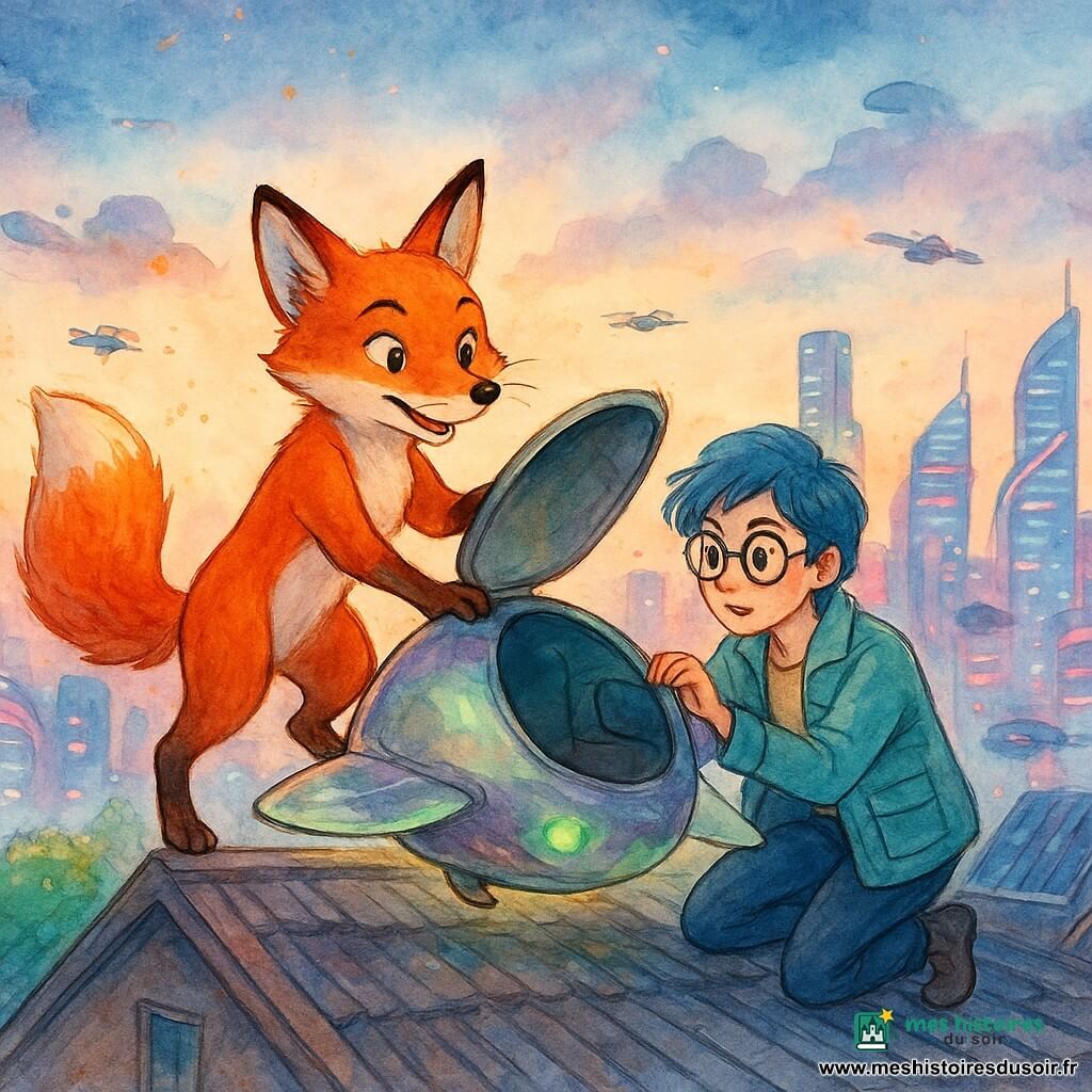 Renard anthropomorphe au pelage roux et à la queue touffue, yeux vifs et regard déterminé et heureux, montant dans un petit drone-cabine, tandis qu'une jeune inventrice aux cheveux courts bleus et lunettes rondes, accroupie à sa droite, ouvre la porte, le Drone Caméléon ovale à coque irisée et lumières vertes et violettes flottant au-dessus d'un toit texturé avec antennes et panneaux solaires ; en arrière-plan, la ville futuriste de Lumiville aux gratte-ciels en spirale, néons roses et cyan, voitures volantes et drones, scène crépusculaire d'une fuite dynamique et optimiste.