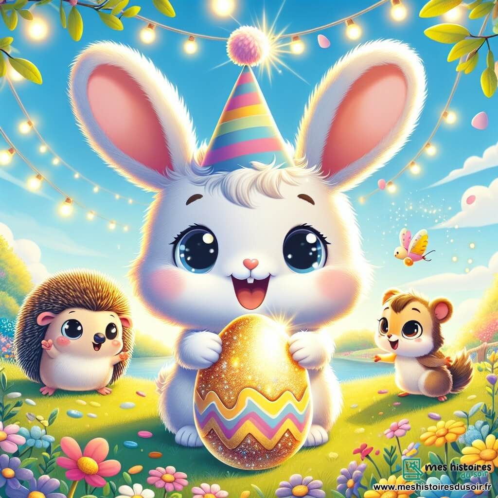 Houpette, un petit lapin aux grandes oreilles et au pelage doux, est au centre de l'image, souriant avec excitation. Il porte un chapeau de fête coloré et tient un œuf doré brillant, entouré d'une lumière magique. À ses côtés, Choupette, une petite souris, regarde l'œuf avec émerveillement, tandis que Grignote, un hérisson, observe la scène avec un sourire, et Pompom, un canard jaune, bat des ailes joyeusement. Le décor est une prairie enchantée avec des fleurs colorées et un ciel bleu éclatant, où un vieux chêne se dresse au loin et des papillons volent, créant une ambiance magique. Houpette et ses amis découvrent l'œuf doré, symbole de l'aventure de Pâques, illuminant leurs visages émerveillés.