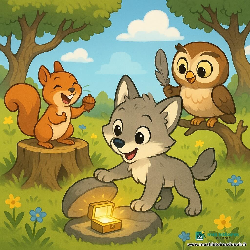 Un petit loup gris clair aux yeux brillants pose une patte sur une pierre tiède en regardant, émerveillé, une petite boîte en verre ouverte; Mira, une écureuil roux au ventre crème, se tient sur une souche à gauche en tendant une noisette en riant; Othello, une chouette beige et brune aux grands yeux, est perché à droite avec une plume brillante; la scène se déroule dans une prairie ensoleillée aux herbes vertes et fleurs sauvages, autour d'une pierre soulevée révélant une cache d'où émane une douce lueur, ambiance lumineuse et chaleureuse centrée sur le trésor et l'émerveillement partagé.