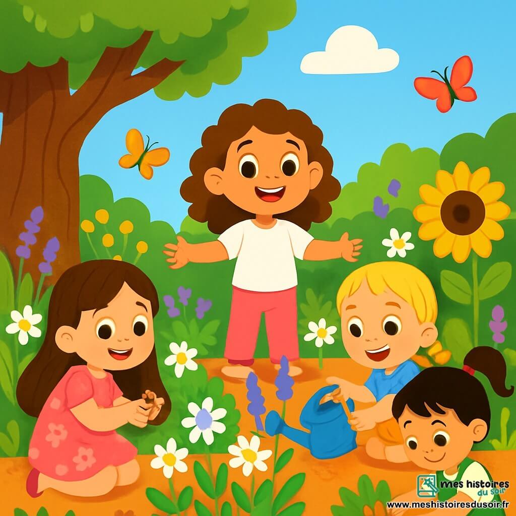Quatre enfants s'activent dans un jardin coloré. Léa, 5 ans, a de longs cheveux bruns et porte une robe rose à fleurs ; elle tient une graine de fleur avec un grand sourire. Zoé, aussi 5 ans, a des cheveux blonds tressés et arrose les plantes avec un arrosoir bleu, les yeux pétillants de joie. Mia, avec des cheveux noirs en queue de cheval et une salopette verte, ramasse des feuilles sèches près d'un tournesol. Emma, aux cheveux châtains bouclés, habillée d'une blouse blanche et d'un pantalon rose, explique aux autres ce qu'elles font. Le jardin est rempli de fleurs éclatantes, de papillons et d'un ciel bleu. Les enfants travaillent ensemble pour prendre soin de leur jardin, arrosant, ramassant et plantant des graines, dans une ambiance joyeuse et vivante.