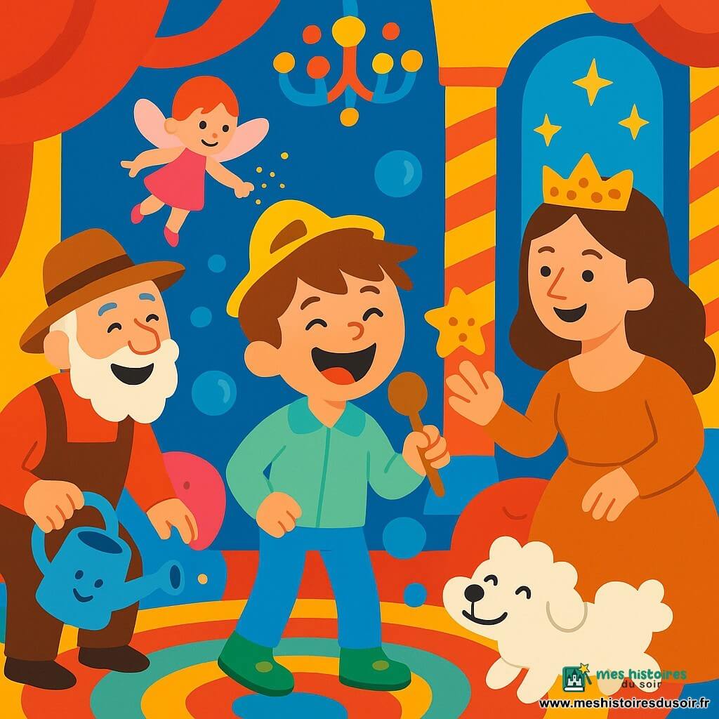 Le prince Malo, garçon joyeux aux cheveux en bataille, veste vert-menthe, chaussures pomme et chapeau de soleil porté à l'envers, tient une cuillère comme micro au centre; la reine Biscotte, à droite, porte une couronne de biscuits et une robe caramel en tendant un biscuit-étoile; Pipo le jardinier, homme âgé en salopette terreuse, est à gauche avec un arrosoir rigolo; Mirette la fée, petite fille en robe rose bonbon, vole au-dessus en saupoudrant de poussière dorée; le chien nuage, blanc et duveteux, flotte près des pieds du prince; la salle du trône est chaleureuse et fantaisiste (coussins colorés, colonnes rayées, rideaux étoilés, lustres en confettis, tapis en spirales) ; des bulles de rire translucides s’élèvent et font flotter doucement les personnages, couleurs vives, formes simples, traits épais, composition centrée et lisible pour un enfant.