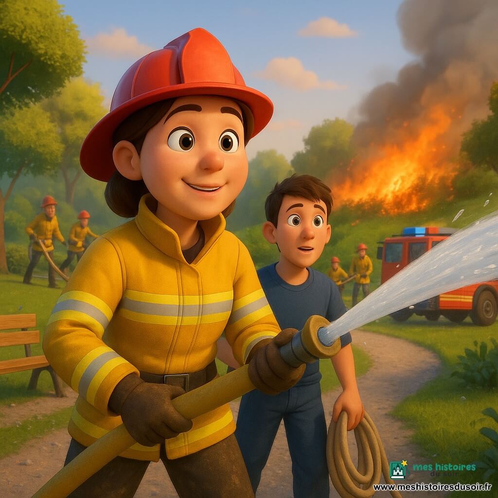 Clara, femme pompier d'une trentaine d'années, souriante mais concentrée, casque rouge de travers, veste jaune réfléchissante et bottes boueuses, tient un gros tuyau d'incendie crachant un arc d'eau; à ses côtés Léo, jeune apprenti d'environ 20 ans, cheveux bruns courts, regard émerveillé et nerveux, en tenue d'entraînement tenant une corde; trois autres pompiers en arrière-plan déroulent un autre tuyau et déploient une échelle contre un petit talus boisé; lieu : petit parc de banlieue avec arbres, buissons, sentier en gravier, banc en bois et un grand camion de pompiers rouge garé sur la route; situation : feu de broussailles orange avec fumée grise légère sur une colline basse, jets d'eau blancs éclatant sur les flammes, ambiance dynamique et héroïque mais rassurante; palette vive (rouges, jaunes, verts, bleus clairs), lumière douce de fin d'après-midi, textures lisses et volumineuses style film d'animation 3D, composition centrée sur Clara et Léo au premier plan avec angle légèrement en contre-plongée.