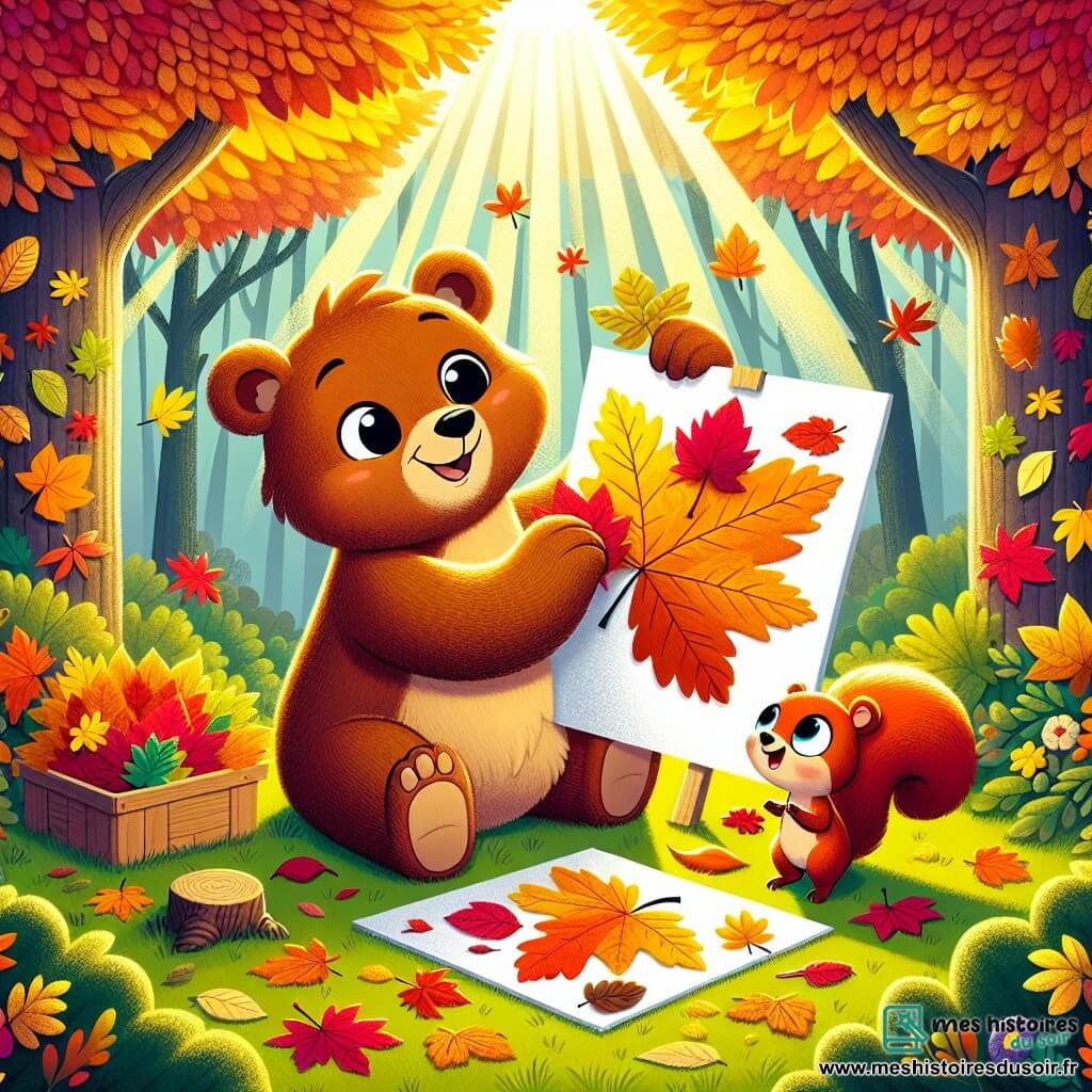 Un ours nommé Oscar, au pelage brun et aux yeux pétillants, est assis sur l'herbe, entouré de feuilles colorées. Il sourit en tenant une grande feuille blanche sur laquelle il colle des feuilles d'automne. À côté de lui, un écureuil nommé Émile, au pelage roux, admire leur création. Ils sont dans un jardin enchanteur, avec des arbres aux feuilles jaunes, oranges et rouges, sous un soleil filtrant à travers les branches. Oscar et Émile s'amusent à créer un tableau d'automne en collant des feuilles colorées.