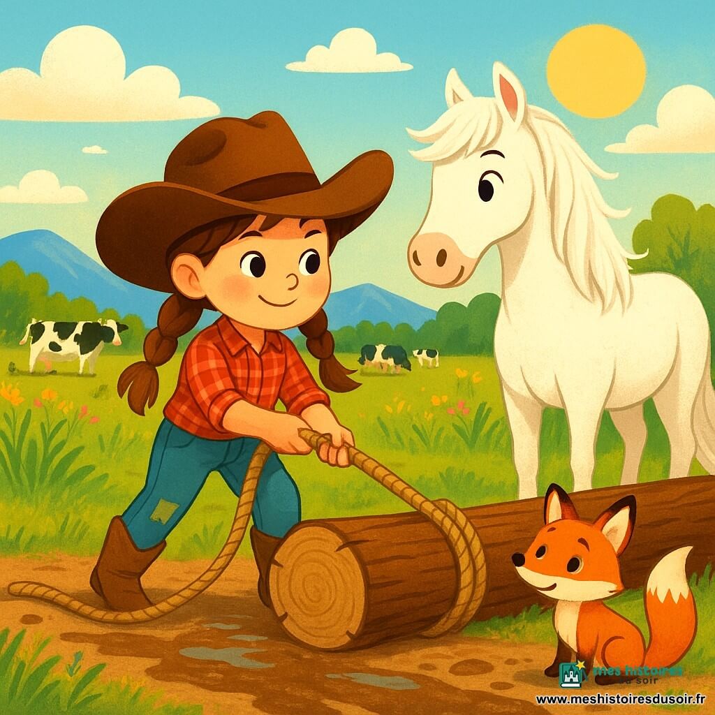 Une jeune cow-girl nommée Lila se tient sur un chemin boueux, portant un grand chapeau brun et une chemise à carreaux rouges. Elle a des cheveux châtains, des joues roses et un sourire déterminé. À ses côtés, son cheval Plume, aux poils blancs, l'observe avec douceur. Un renard roux, Rouxy, les regarde avec curiosité. La prairie est baignée par la lumière dorée du matin, avec des herbes hautes et des fleurs colorées. Lila, Plume et Rouxy tentent de dégager un tronc d'arbre tombé, tandis que des vaches attendent derrière, impatientes de passer. Lila est prête à tirer sur la corde pour déplacer le tronc, encouragée par Rouxy.