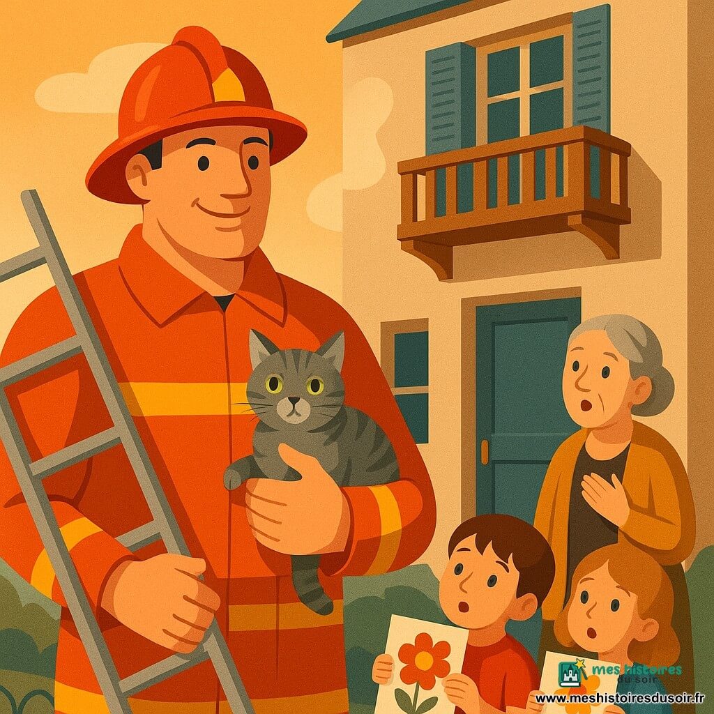 Un pompier souriant, grand et robuste, casque rouge brillant et veste orange réfléchissante, descend d'une grande échelle en tenant un petit chat gris rayé aux yeux verts blotti contre lui; une voisine d'environ 60 ans, cheveux gris en chignon, l'observe, étonnée et reconnaissante, sur le trottoir près de la porte; deux enfants (garçon de 6 ans, fille de 5 ans) aux yeux écarquillés tiennent des dessins de fleurs à l'entrée du jardin; petite maison de ville claire avec balcon en bois et volets bleus, légère fumée blanche s'élève sans panique; lumière douce du coucher de soleil, couleurs chaudes, formes géométriques art déco, style simple à lignes nettes, atmosphère rassurante et joyeuse.