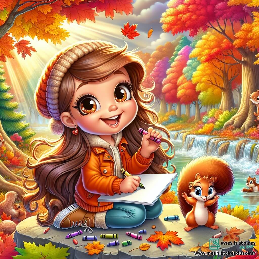 Clara, une fille de 6 ans, est au centre de l'image. Elle a de longs cheveux bruns, des yeux pétillants et porte une veste orange avec un bonnet en laine. Assise sur un rocher, entourée de feuilles d'automne colorées, elle dessine avec des crayons sur une feuille blanche, un grand sourire sur le visage. À côté d'elle, un petit écureuil curieux grignote une noisette, observant Clara. La scène se déroule dans une forêt enchantée avec des arbres aux feuilles flamboyantes et un ruisseau scintillant à proximité. Clara exprime sa créativité en capturant la beauté de l'automne tout en partageant un moment magique avec l'écureuil.