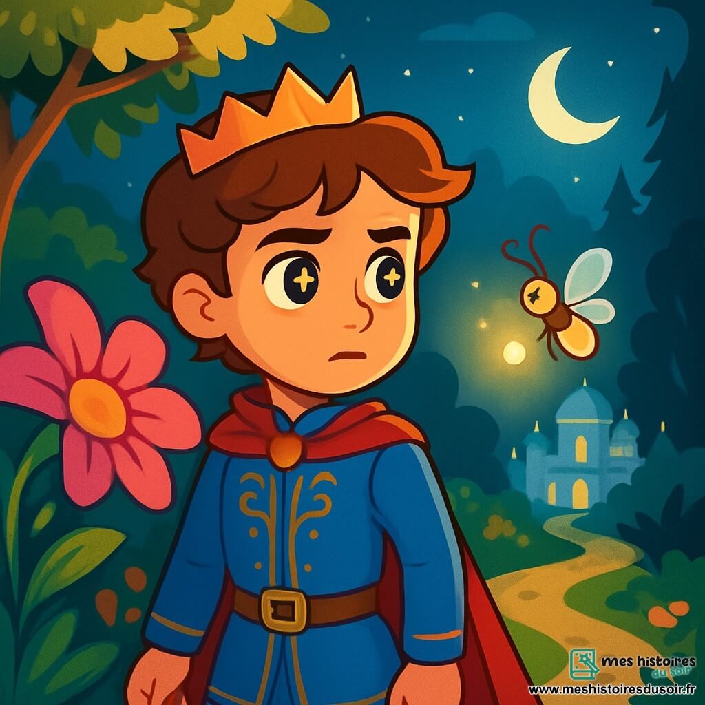 Un prince nommé Elian, âgé d'environ 12 ans, se tient au centre de l'image, avec des cheveux châtains ondulés et des yeux brillants. Il porte une tunique bleue ornée de motifs dorés et son visage exprime détermination et inquiétude. Il regarde un chemin mystérieux devant lui. À sa droite, une luciole scintillante illumine son visage, et à sa gauche, une fleur géante aux pétales roses et violets se penche vers lui. Le décor est un jardin secret du palais d’Opaline, avec des arbres majestueux et des fleurs éclatantes. En arrière-plan, le palais scintille sous la lune, tandis que des ombres inquiétantes apparaissent. Elian est prêt à s’aventurer hors du jardin, déterminé à retrouver la lumière disparue de son royaume, guidé par la luciole et encouragé par la fleur.