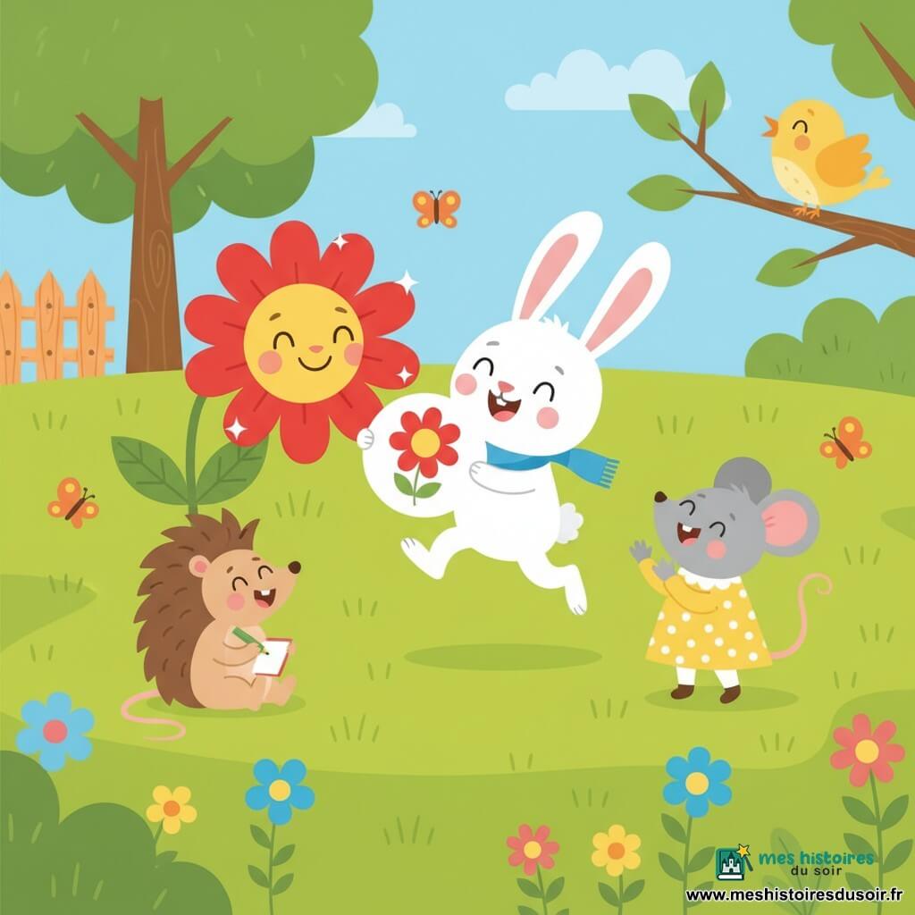 Petit Lapin, petit lapin blanc aux longues oreilles et nez rose, porte une écharpe bleue et montre fièrement son dessin d’une grande fleur rouge; à sa gauche Madame Fleur, grande fleur rouge souriante aux pétales brillants, penche sa "tête", à droite Monsieur Oiseau, petit oiseau jaune perché sur une branche, chante, à gauche un hérisson brun dessine au crayon vert et une petite souris grise en robe jaune applaudit; ils sont en cercle sur une prairie verte avec herbe courte, fleurs colorées, quelques papillons, une clôture en bois et un grand arbre en arrière-plan.