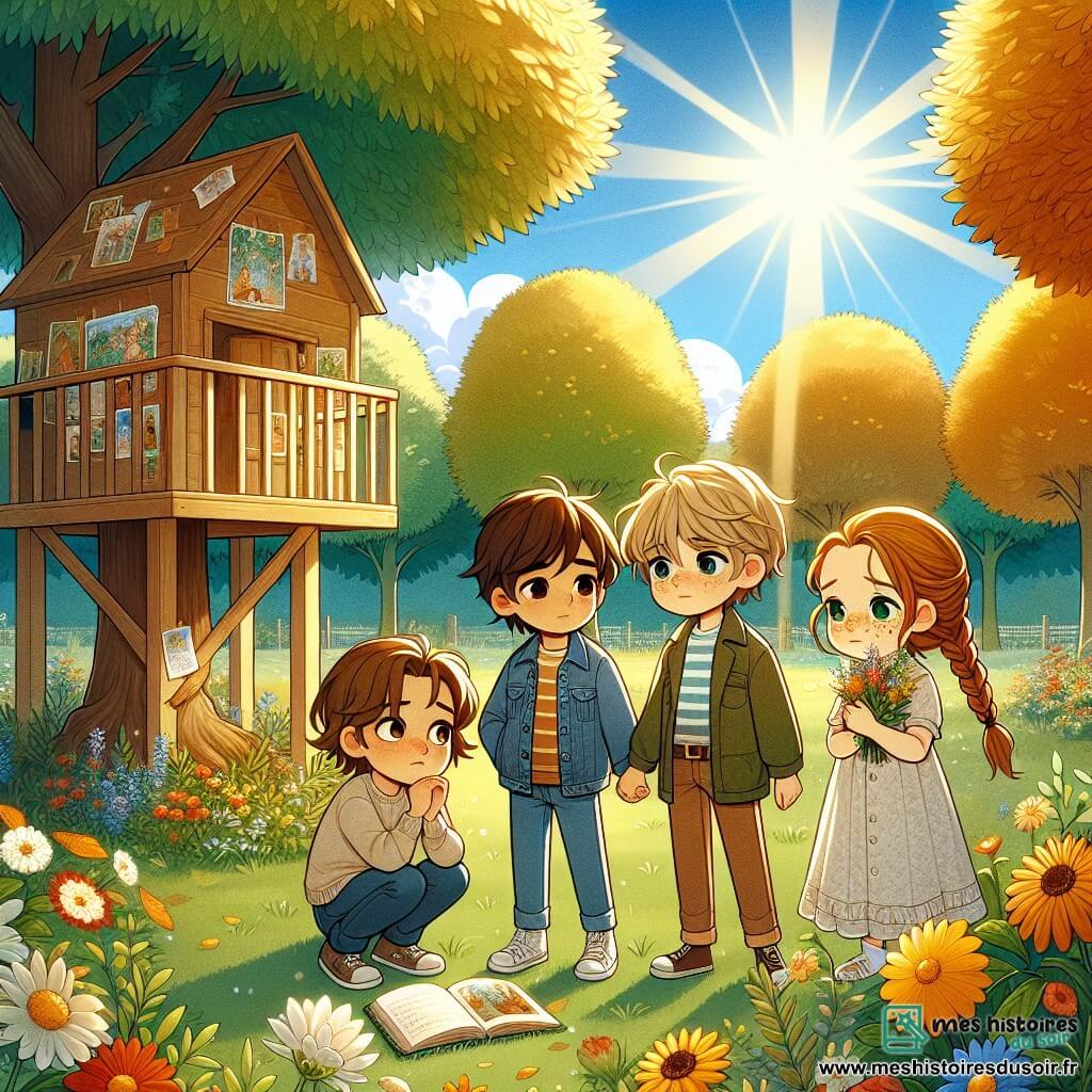 Dans un parc ensoleillé, quatre amis se tiennent autour d'une cabane dans les arbres. Thomas, un garçon de 11 ans aux cheveux bruns en bataille, est au centre, tenant une fleur et regardant pensivement le sol. Emma, à sa droite, lui pose une main réconfortante sur l'épaule. Lucas, à gauche, croise les bras avec une expression déterminée. Sarah, légèrement en retrait, tient un livre ouvert. Le parc est rempli d'arbres aux feuilles dorées et de fleurs colorées entourant la cabane en bois. Thomas partage un souvenir de sa grand-mère avec ses amis, déposant des fleurs sur un petit autel improvisé en hommage.