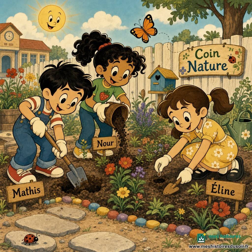 Trois enfants jardinent dans une cour d'école ensoleillée : Éline, 8 ans, cheveux châtains en couettes, robe à fleurs jaune pâle, accroupie à droite, plante une graine avec une mini pelle en bois ; Mathis, 8 ans, cheveux noirs courts, salopette bleue et baskets rouges, à gauche, creuse un trou avec une petite pelle, souriant ; Nour, 8 ans, cheveux bouclés en queue-de-cheval, t-shirt vert à motif fraise, au centre, verse du compost depuis un petit seau brun ; sol de terre, clôture en bois blanc, coin nature délimité par des galets et un panneau « Coin Nature », fleurs sauvages et un papillon orange, ambiance douce, active et optimiste montrant partage et soin de la nature.