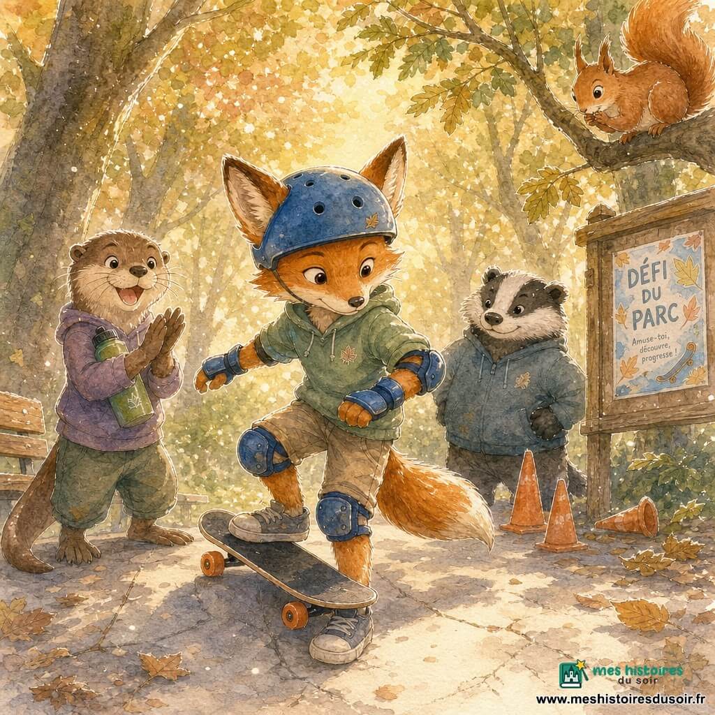 Milo, un jeune renard roux aux grandes oreilles, casque bleu et protège-poignets, visage concentré et serein, tient son skateboard aux roues orange et effectue une montée-descente précise, patte arrière au sol, genoux souples, planche qui roule doucement; à sa gauche, Lila la loutre souriante, gourde verte à la main, applaudit et encourage, tandis que Gaspard le blaireau trapu, poussiéreux mais fier, se tient derrière près de quelques cônes de slalom avec un léger sourire râleur; un petit écureuil perché sur une branche en haut à droite observe curieusement; le parc de châtaigniers présente une piste en béton clair avec fissures, un banc en bois, un panneau “Défi du Parc”, cônes orange, feuilles brunes et une douce lumière du soir, l’ensemble dégageant une atmosphère calme, sûre et joyeuse centrée sur l’action du renard et les regards complices des amis.
