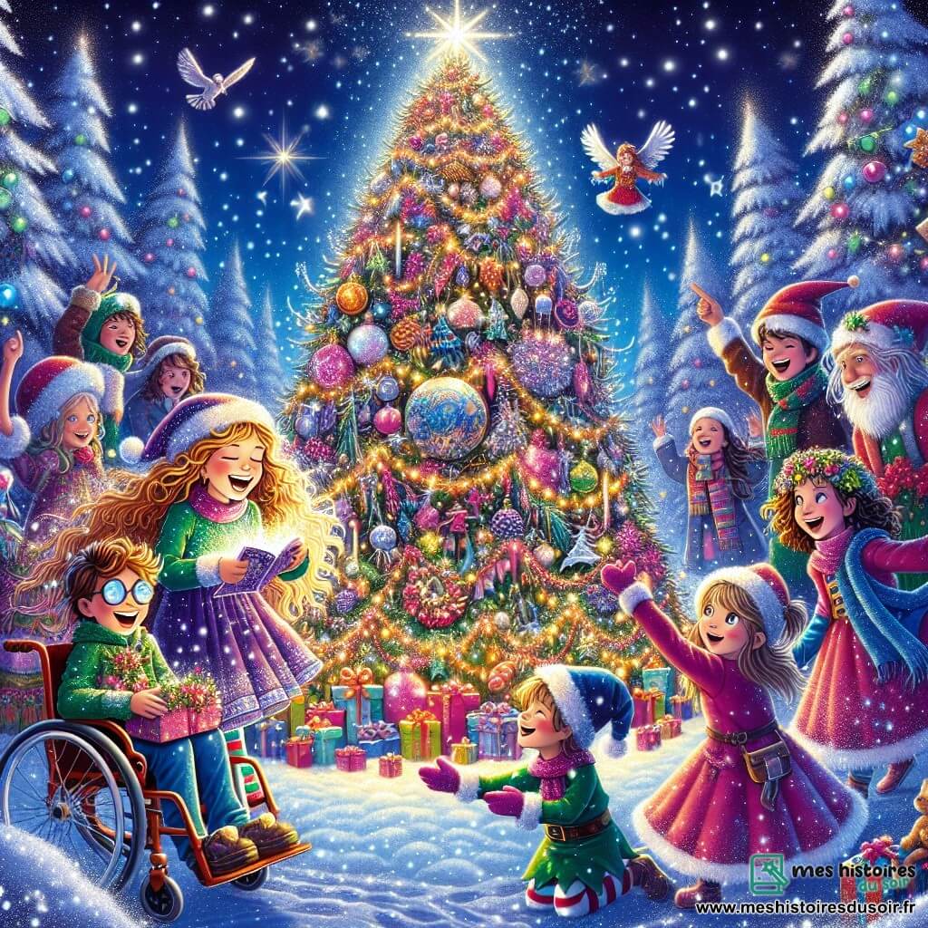 Clara, une fille de 10 ans aux cheveux bouclés et au sourire éclatant, se tient au centre de l'image avec une lettre magique. À sa droite, Lucas, un garçon de 11 ans en fauteuil roulant, avec des lunettes et un bonnet de Noël, la regarde avec excitation. À gauche, Zoé, une fille de 9 ans avec des lunettes rondes et des cheveux en bataille, pointe un grand arbre de Noël scintillant, émerveillée. Le décor est une clairière enchantée avec un majestueux arbre de Noël illuminé de guirlandes et de boules scintillantes, sous une neige étincelante. Clara, Lucas et Zoé, entourés de lutins joyeux, préparent une surprise de Noël pour Élodie, remplissant un traîneau de cadeaux et de décorations, tandis que la magie de Noël illumine leurs visages.