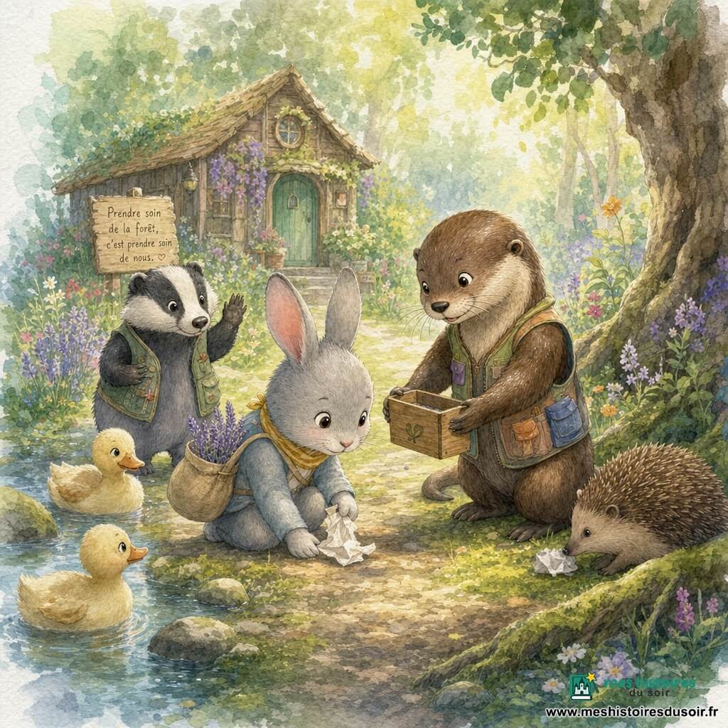 Lino, un petit lapin gris clair aux oreilles roses, yeux timides et sourire doux, agenouillé et tenant un sachet de lavande pour ramasser un papier, est accompagné d’une loutre au pelage brun portant un gilet à poches qui tend une petite boîte pour y glisser le déchet; un jeune blaireau rayé se tient derrière en faisant un signe de patte, un hérisson pousse le papier du museau près des racines, et deux canards jaune pâle barbottent dans un ruisseau; la scène se déroule dans une clairière devant une petite cabane de l’écomusée, jardin sauvage de fleurs, sentier bordé de mousse et pierres, rayons de soleil filtrant entre les feuilles, ambiance humide et parfumée, le groupe ramasse le déchet en chuchotant, gestes calmes dans une composition centrée sur Lino et la loutre, tons pastels aquarelle et textures de papier grainé, lumière douce.