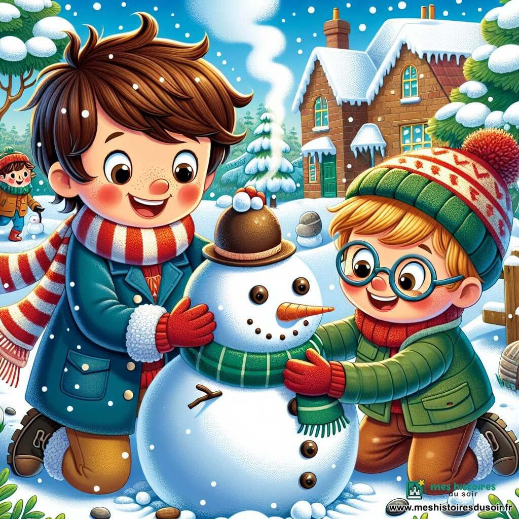 Un garçon de 8 ans, Lucas, avec des cheveux châtains en bataille et des joues rosies par le froid, sourit en construisant un bonhomme de neige. Il porte un manteau bleu, un pull rouge et une écharpe rayée. À ses côtés, son ami Tom, également âgé de 8 ans, avec des cheveux blonds et des lunettes rondes, roule une grosse boule de neige, vêtu d'un manteau vert et d'un bonnet en laine. La scène se déroule dans un jardin enneigé, où la neige scintille sous le soleil d'hiver, entouré d'arbres chargés de flocons. En arrière-plan, une maison en bois avec de la fumée s'échappant de la cheminée ajoute une touche chaleureuse. Lucas et Tom rient et s'amusent en ajoutant des cailloux pour créer un sourire sur le visage de leur bonhomme de neige.
