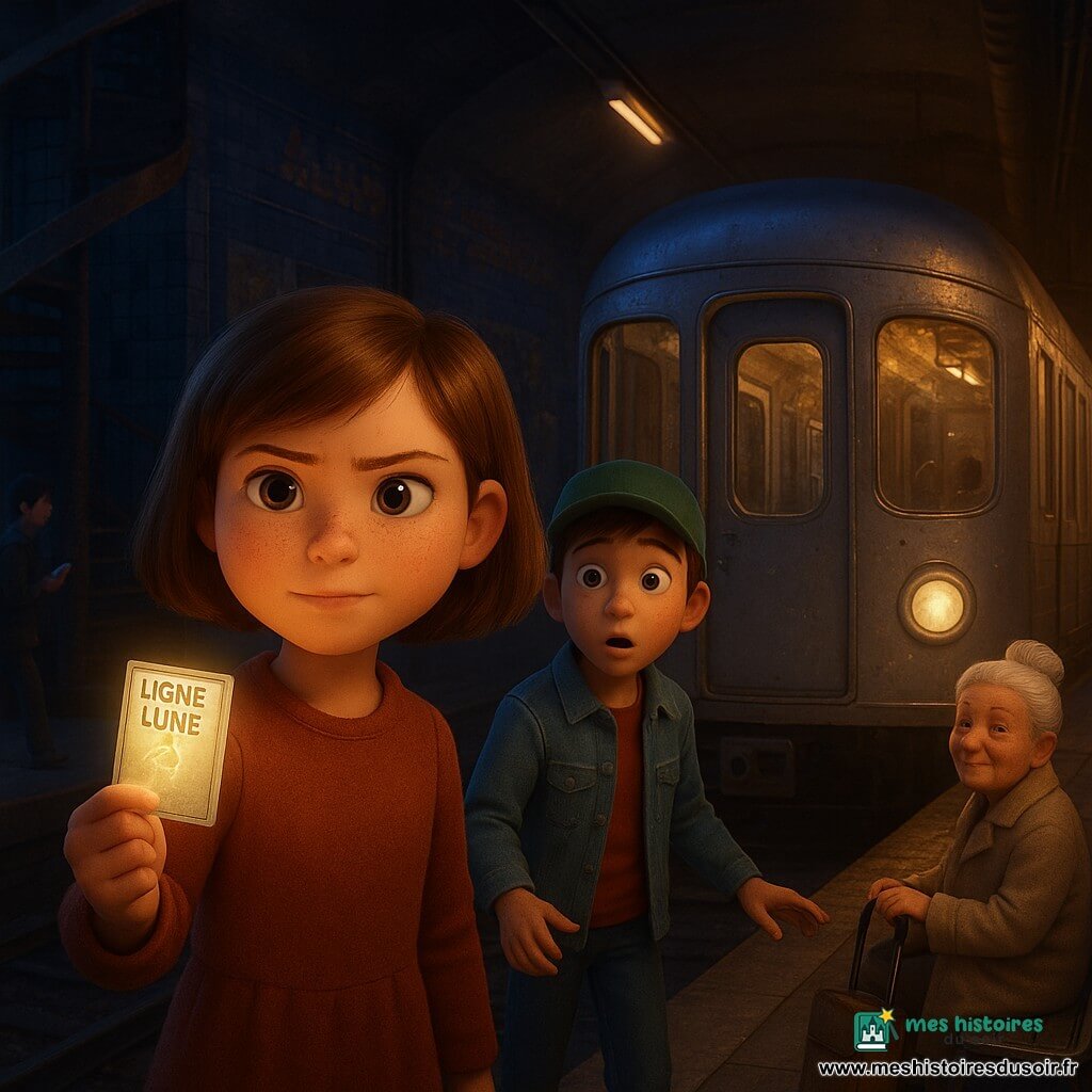 Mina, 10 ans, visage rond, taches de rousseur, cheveux châtains coupés au carré, regard déterminé et bienveillant, tient un vieux ticket cartonné "LIGNE LUNE" qui luit et indique la direction; Nino, aussi 10 ans, casquette verte et veste en jean, marche légèrement derrière elle, main avancée comme pour guider le métro; une vieille dame aux cheveux blancs en chignon, manteau beige, assise sur un banc avec son chariot, sourit en observant; le métro anthropomorphe Sélénor, rame argentée aux reflets lunaires, phares comme des yeux et peinture légèrement écaillée, portes entrouvertes, stationne sur un quai poussiéreux d'une vieille station souterraine aux grands carreaux bleu profond, mosaïques, affiches déchirées et néons chauds; Mina montre le ticket vers un tunnel secret tandis que Sélénor, soulagé, la regarde; quelques curieux reculent et baissent leurs téléphones, l'ensemble baigne dans une lumière nocturne argentée, atmosphère de fantasy urbaine calme et rassurante.