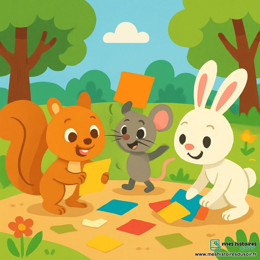 Un petit écureuil nommé Léo, aux yeux pétillants et au pelage brun doré, sourit en ramassant des papiers colorés dans le parc. À ses côtés, Mimi la souris, avec sa fourrure grise et ses grandes oreilles, soulève un papier avec enthousiasme. Toto le lapin, au pelage blanc, se penche pour ramasser plusieurs papiers, affichant un sourire fier. Le parc est rempli d'arbres aux feuilles vertes, de fleurs colorées et d'un ciel bleu clair. Léo et ses amis travaillent ensemble pour nettoyer le parc et le rendre plus beau.